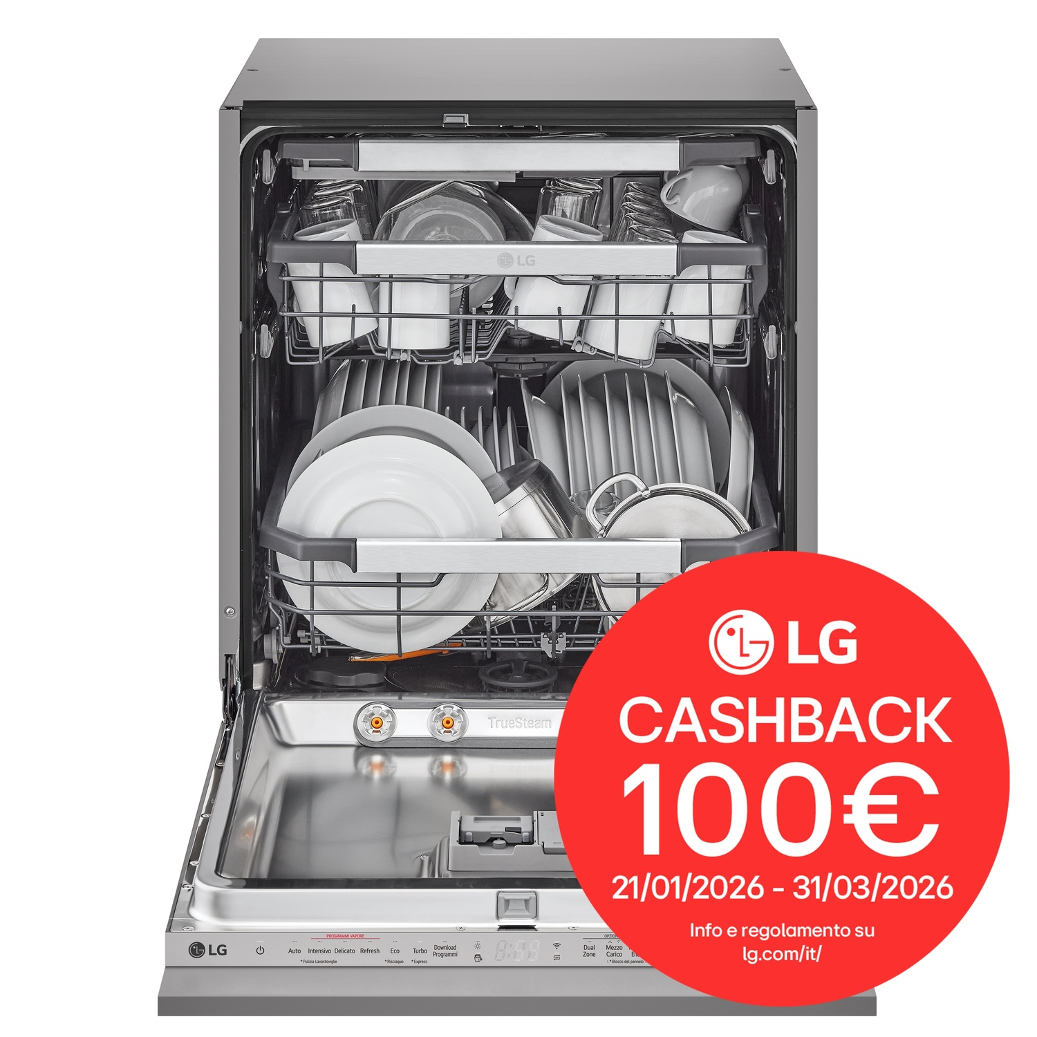 Una lavastoviglie LG aperta e piena di piatti, con cerchio rosso che offre cashback.