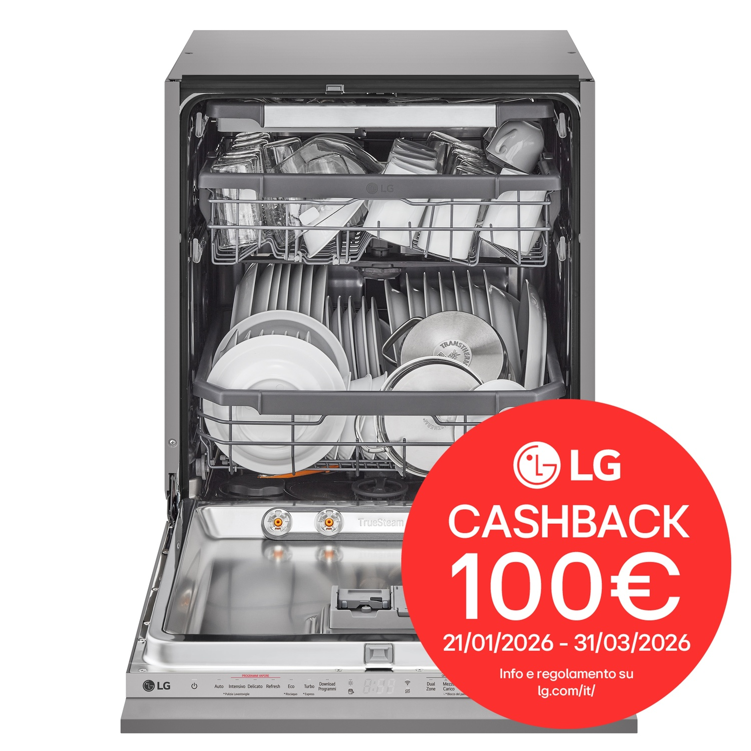 Una lavastoviglie LG aperta, piena di stoviglie, con cerchio rosso per offerta cashback.