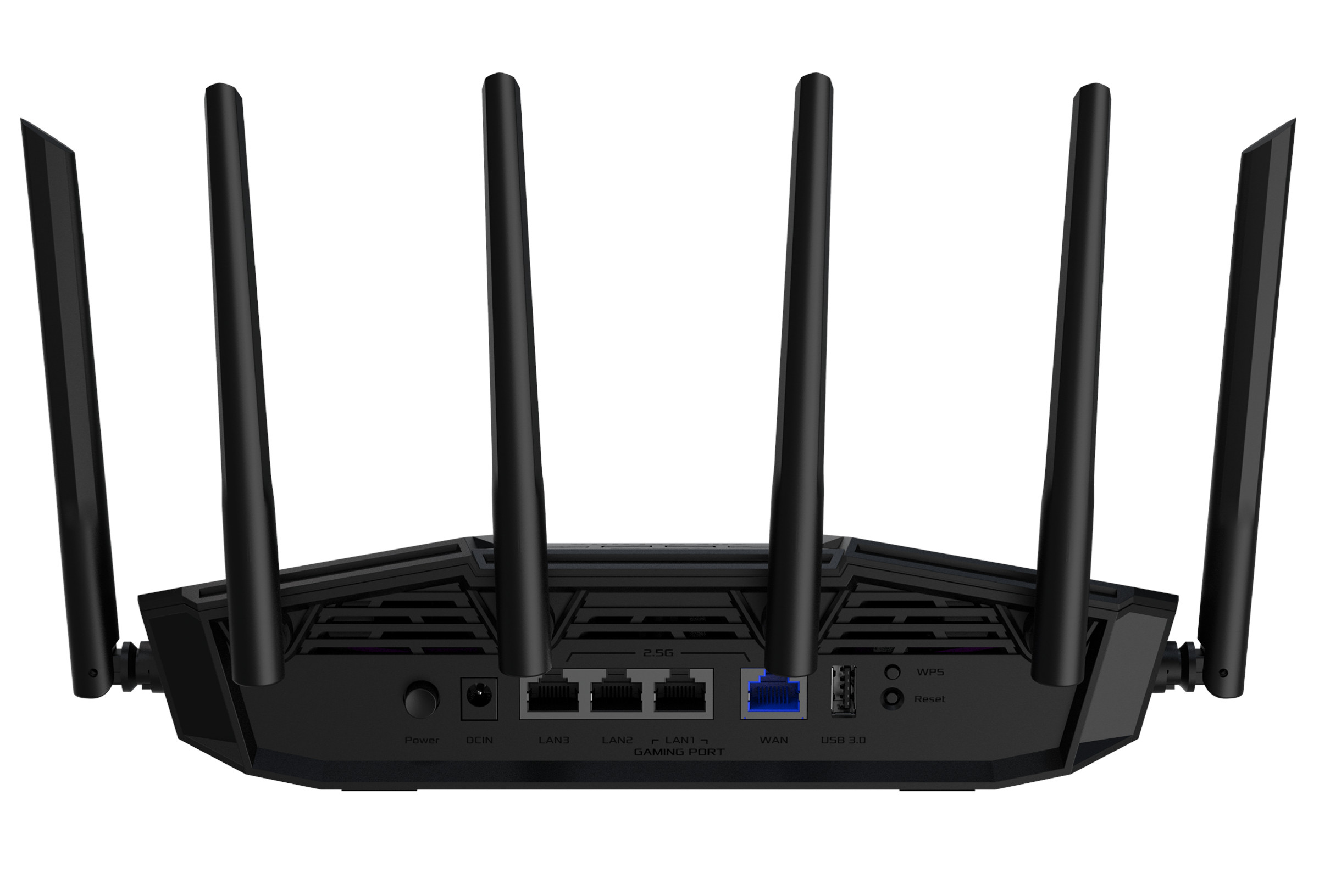 Czarny router z sześcioma antenami. Porty: LAN, WAN, USB.