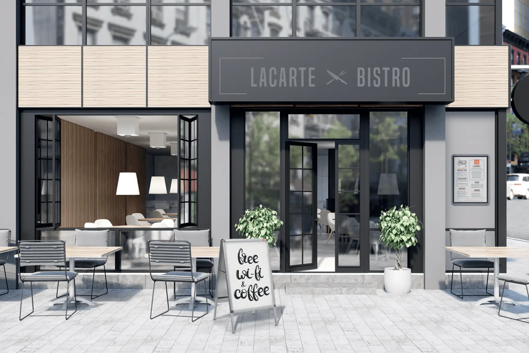Lacarte Bistro kinti ülőhelyekkel. Egy tábla ingyenes wifit és kávét reklámoz.