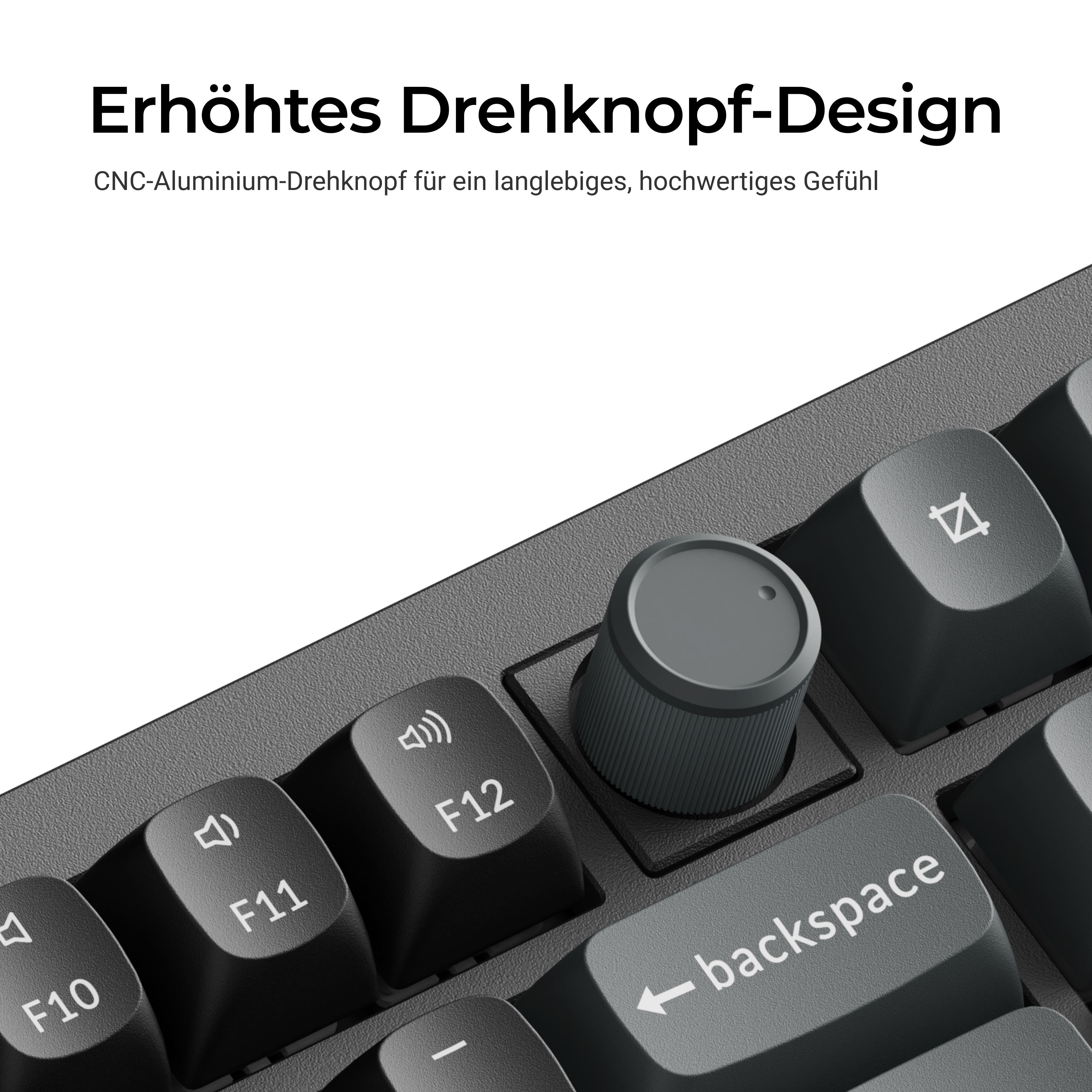 Nahaufnahme einer Tastatur mit Drehknopf, F10, F11, F12 und Backspace-Tasten.