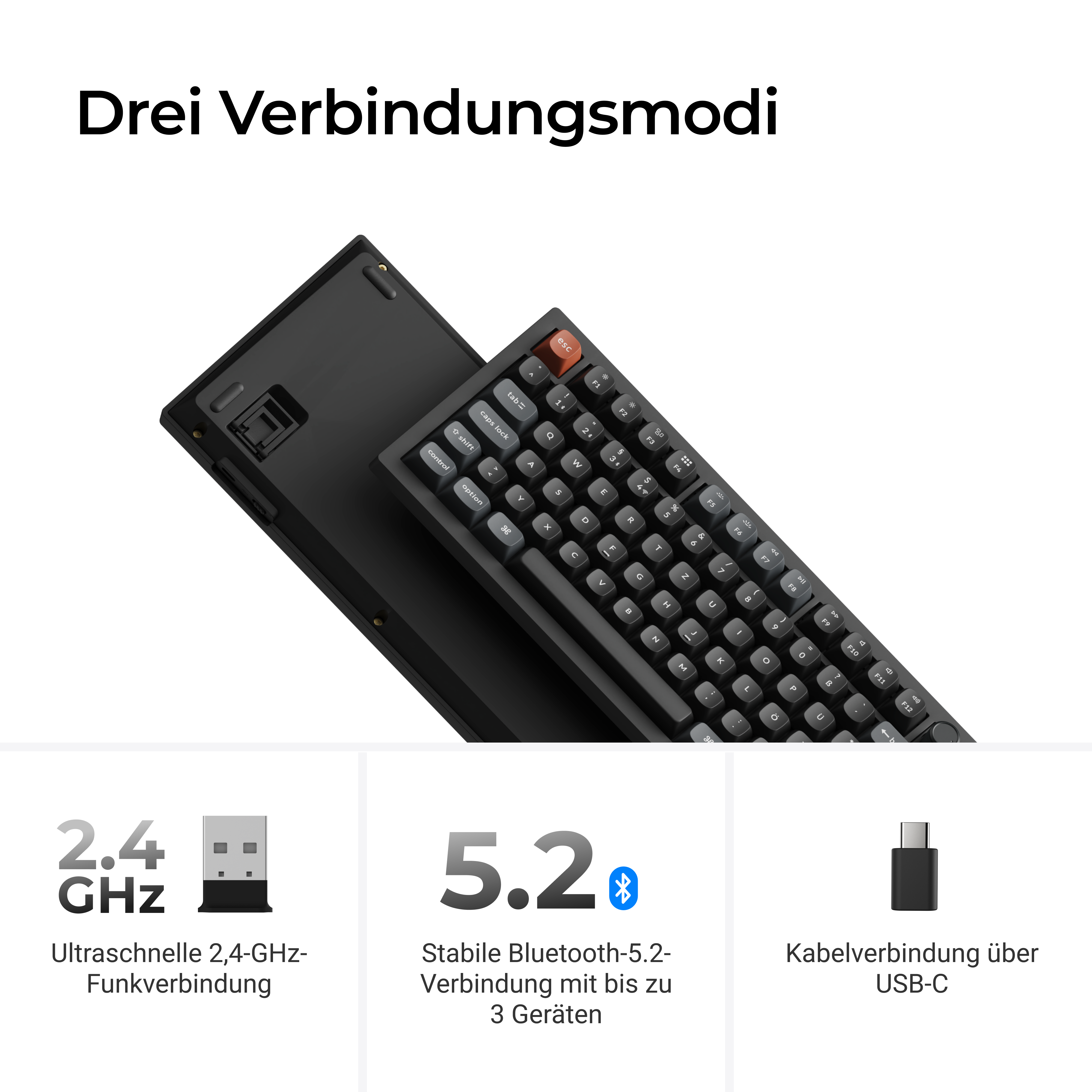 Schwarze Tastatur mit drei Verbindungsmodi: 2,4 GHz, Bluetooth 5.2 und USB-C.