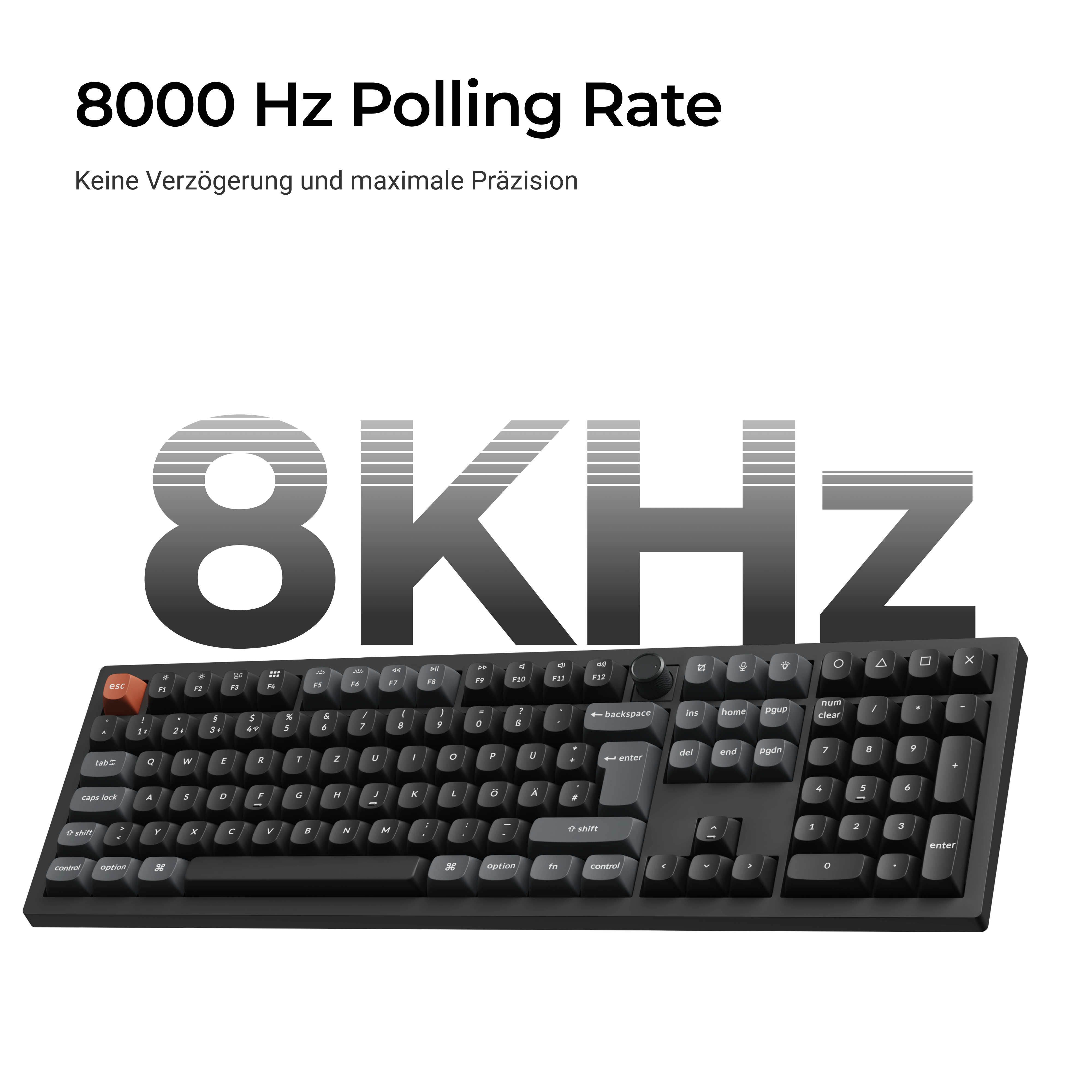 Eine schwarze Tastatur mit der Aufschrift "8000 Hz Polling Rate".