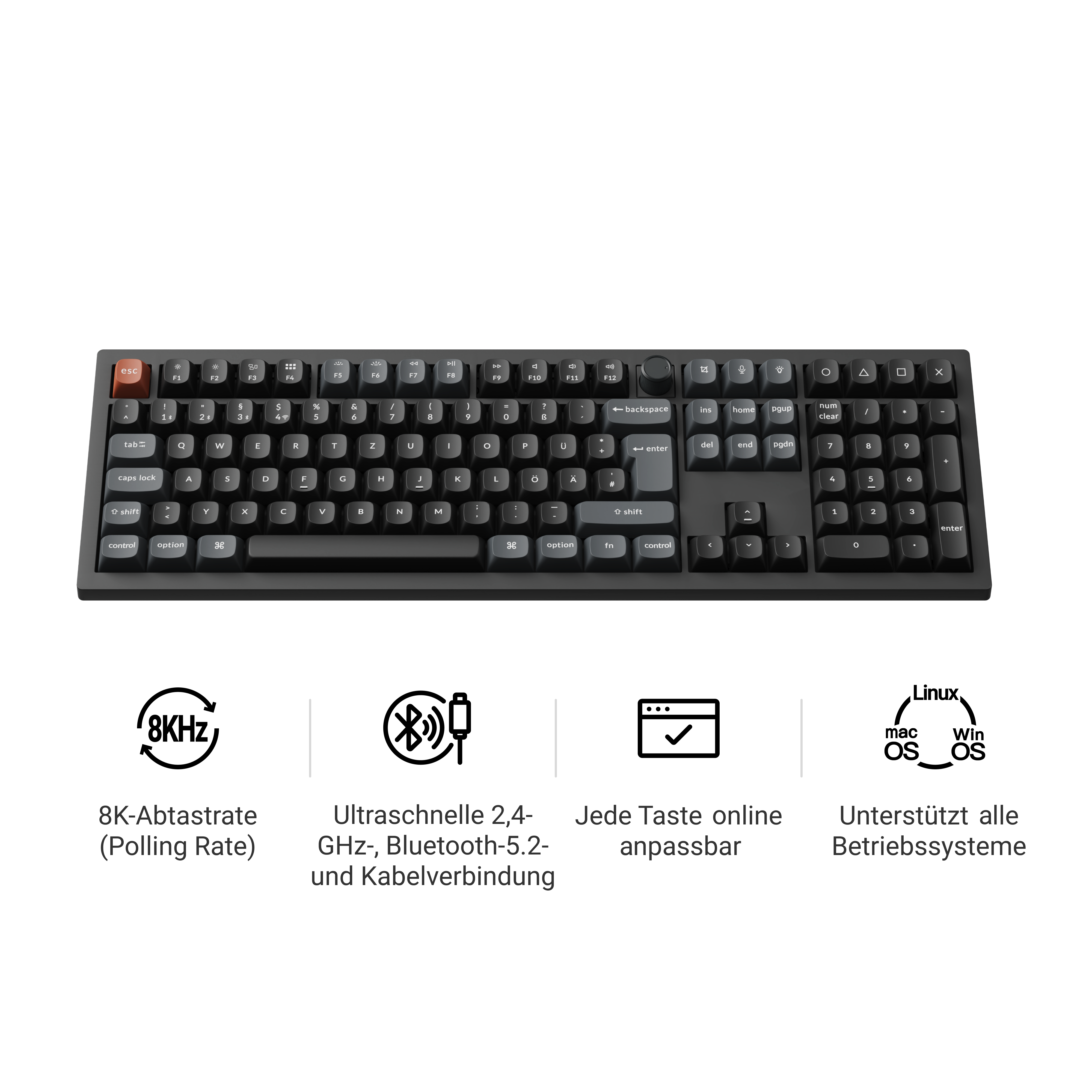 Schwarze Tastatur mit farbigem ESC-Schlüssel und Icons für Features.