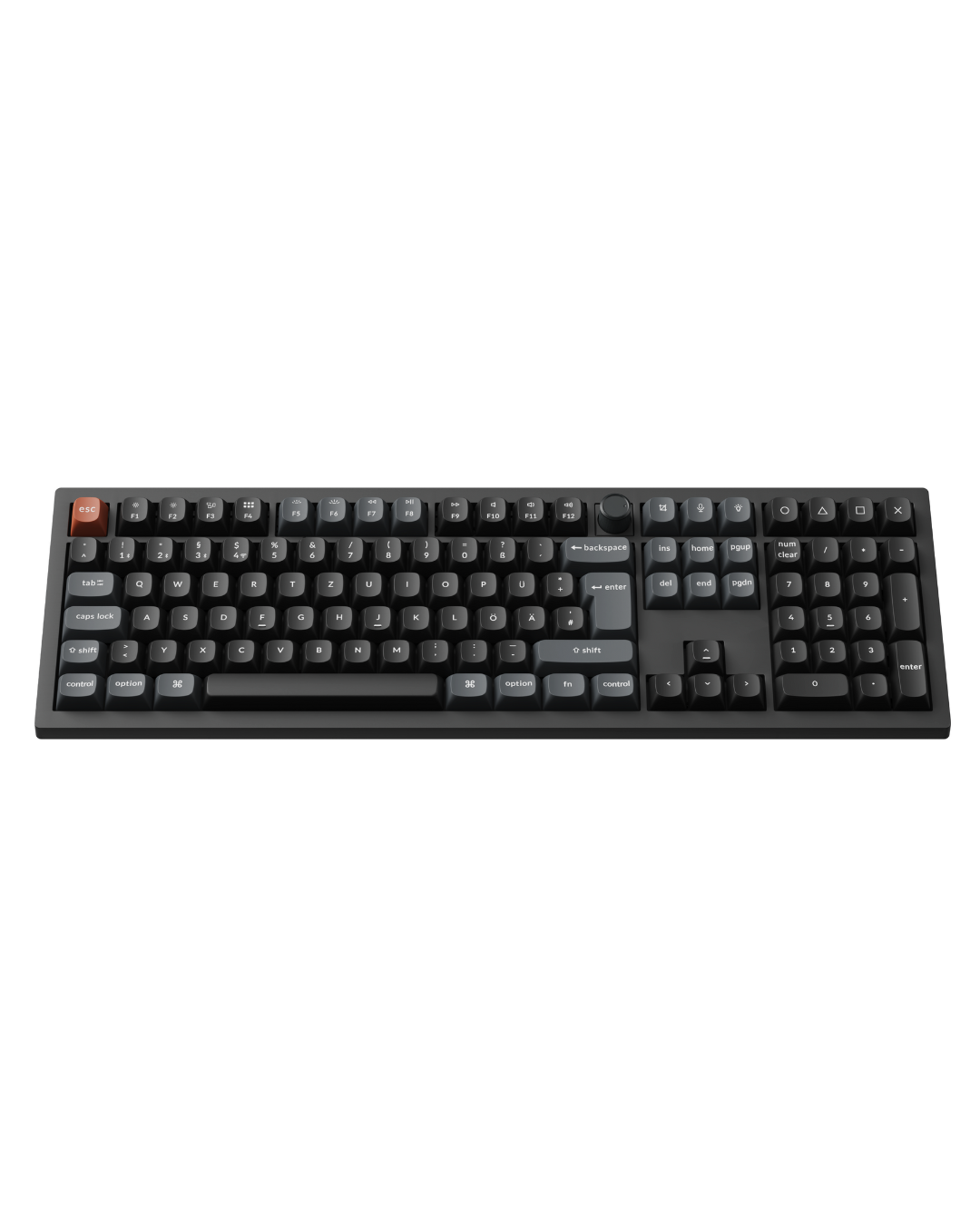 Dunkelgraue Tastatur mit numerischem Block und orangefarbener ESC-Taste.