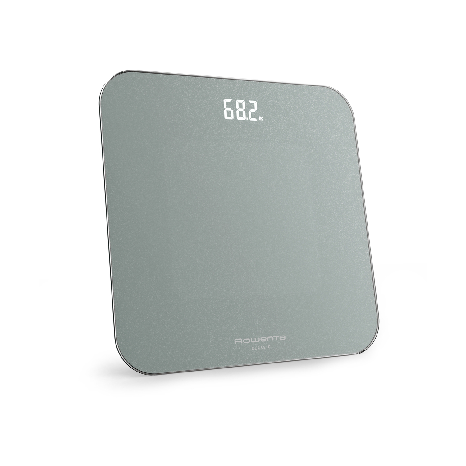 Bilancia digitale grigia che mostra 68,2 kg, con logo Rowenta.