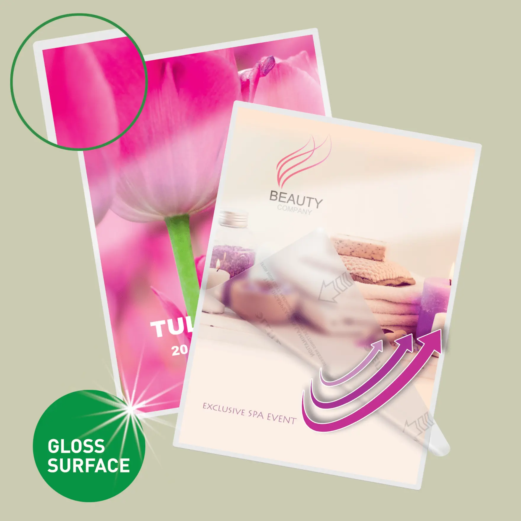 Két brosúra: egy tulipánnal, egy spa cikkekkel és logóval.
