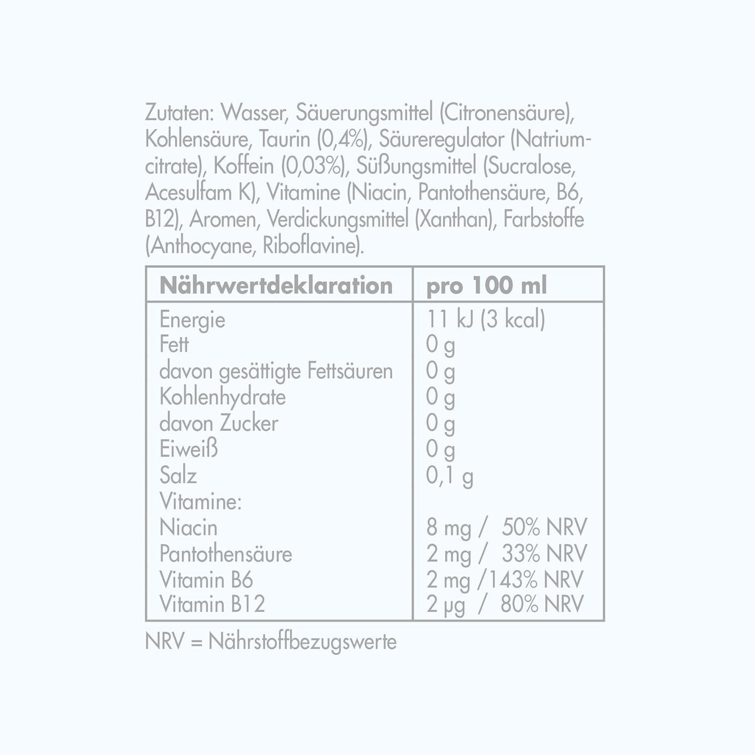 Nährwertangaben: 11 kJ (3 kcal) Energie, 0g Fett, 0g Kohlenhydrate, 0,1g Salz.