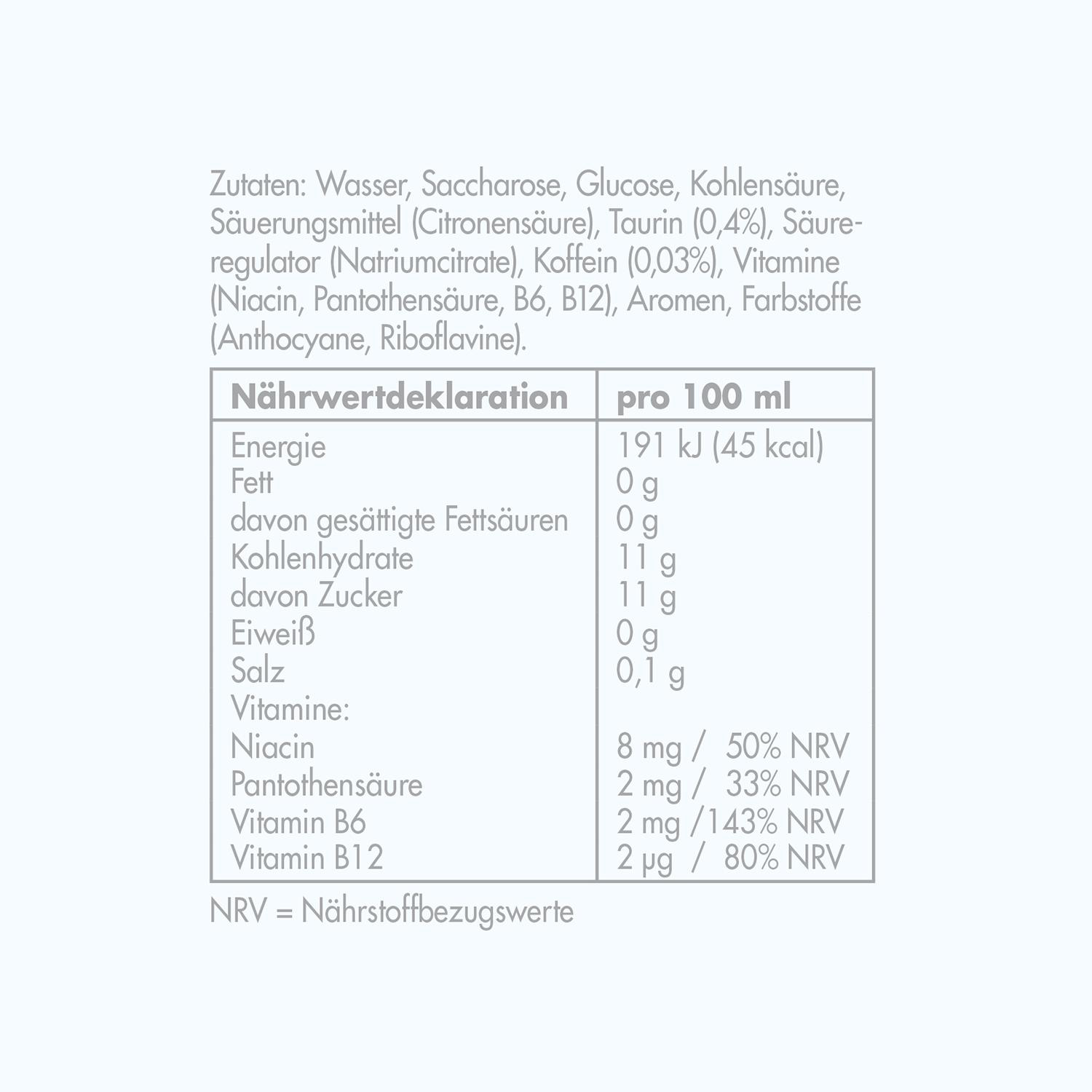 Nährwertangaben für ein Getränk: Energie, Fett, Kohlenhydrate, Zucker, Eiweiß, Salz, Vitamine.