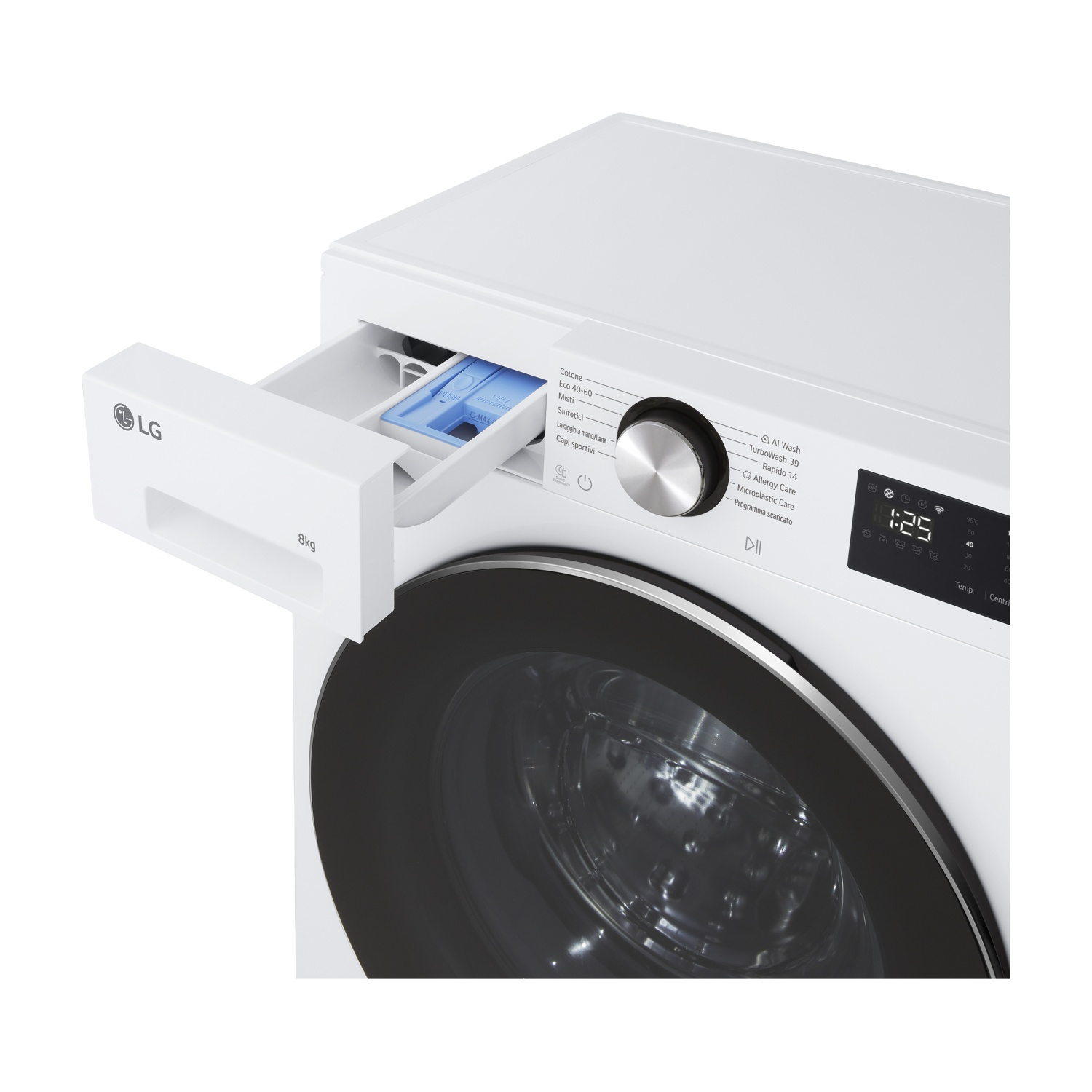 Lavatrice bianca con cassetto detersivo estratto e display.