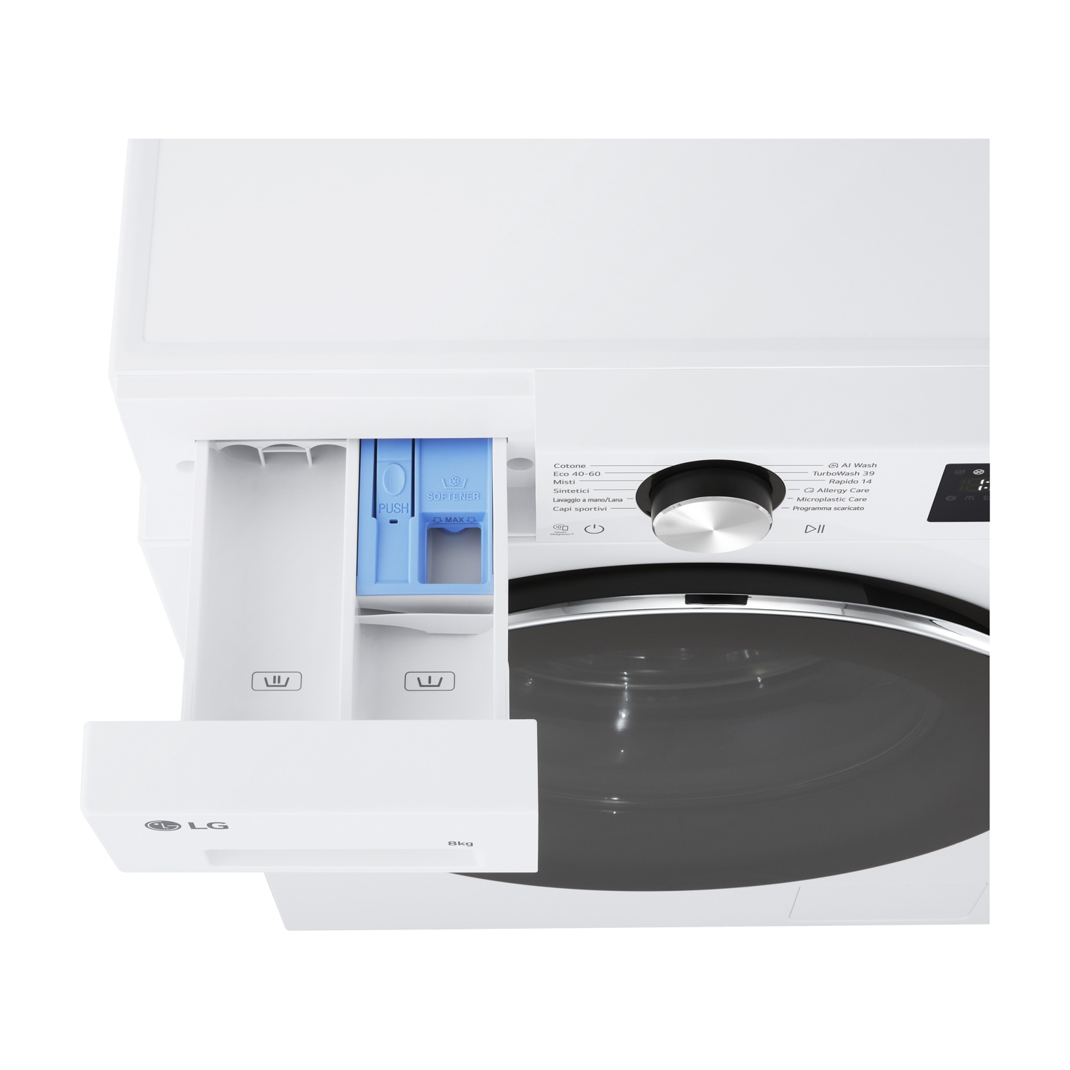 Lavatrice LG bianca con cassetto detersivo aperto e cestello visibile. Capacità 8kg.