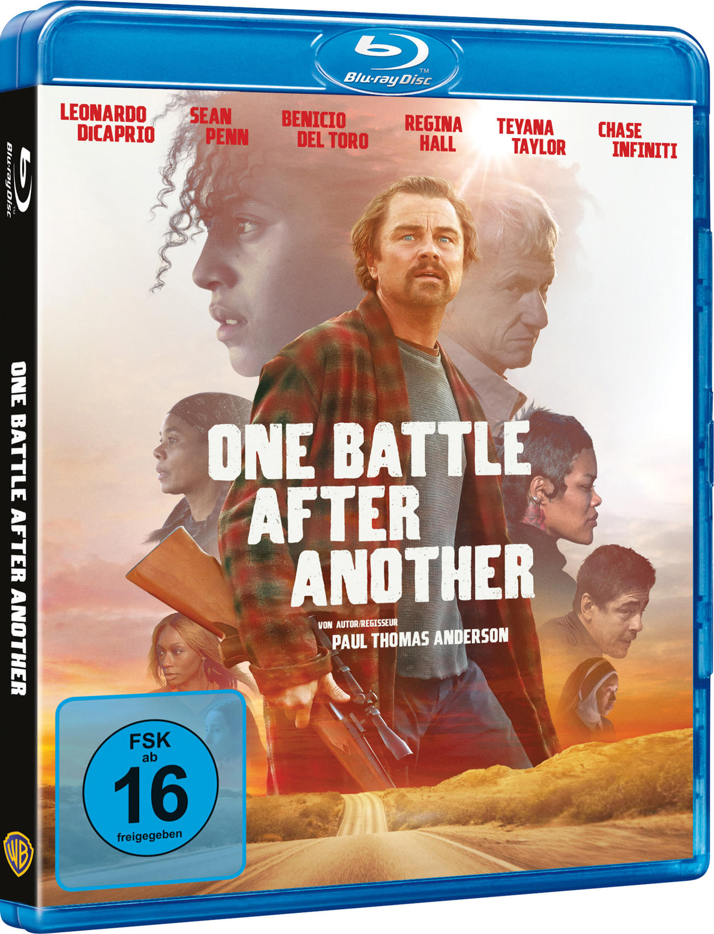Blu-ray Cover: Leonardo DiCaprio hält eine Waffe vor einer Wüstenlandschaft.