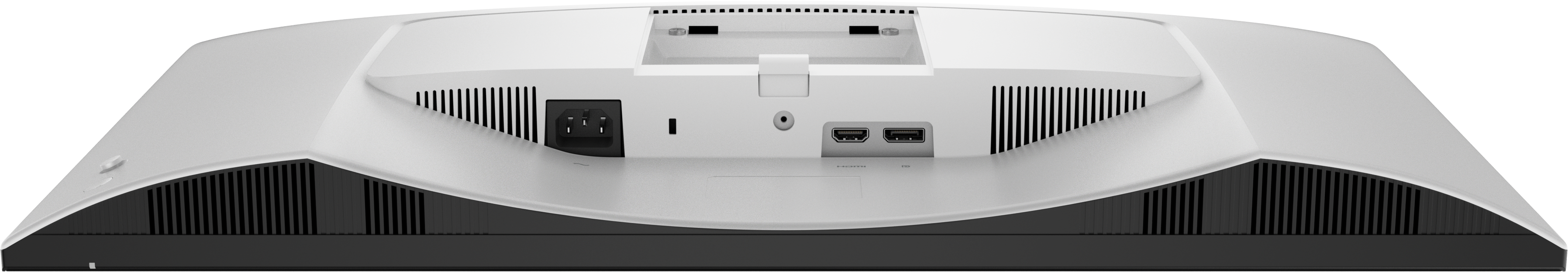 Rückseite eines weißen Monitors mit Anschlüssen: Strom, USB, HDMI und Lüftungsschlitzen.
