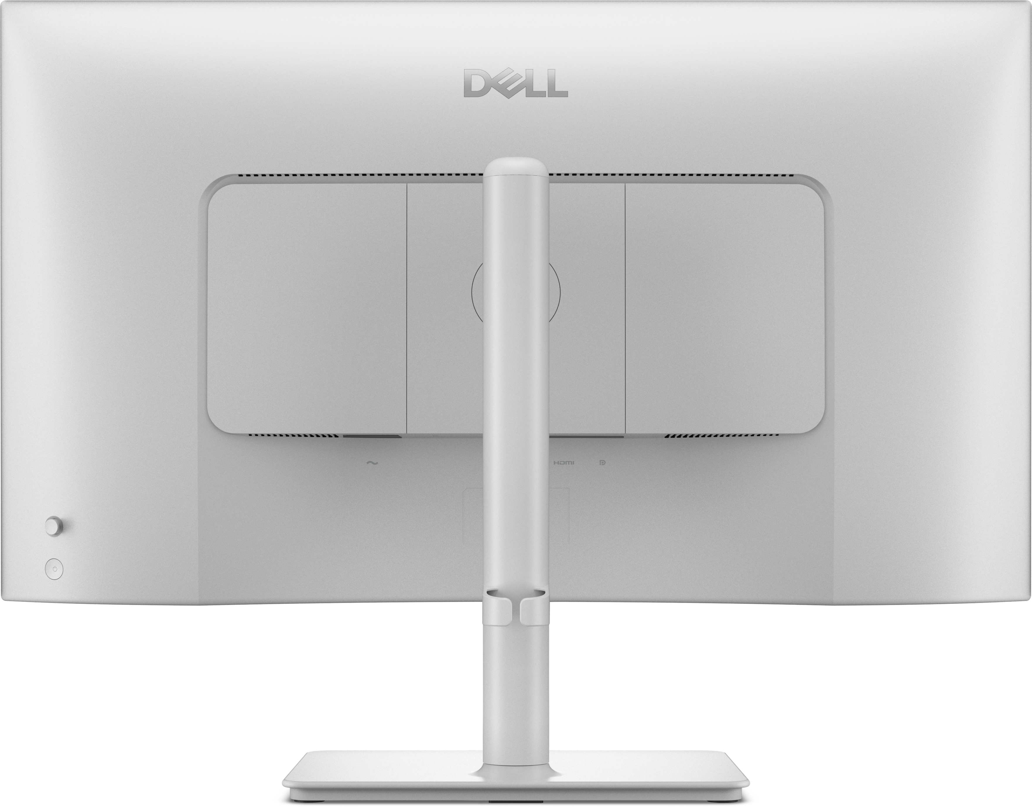 Rückseite eines weißen Dell Monitors mit Ständer und Anschlüssen.