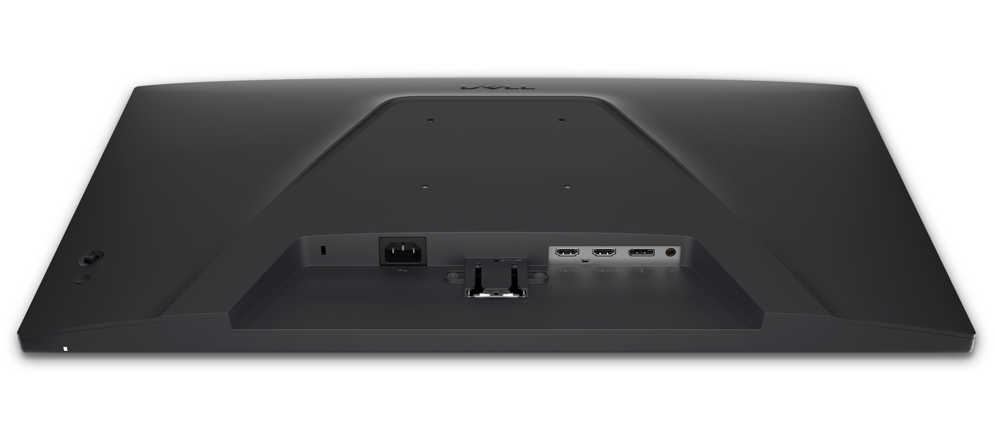 Rückseite eines schwarzen Monitors mit Anschlüssen: Strom, 3x HDMI, Audio.