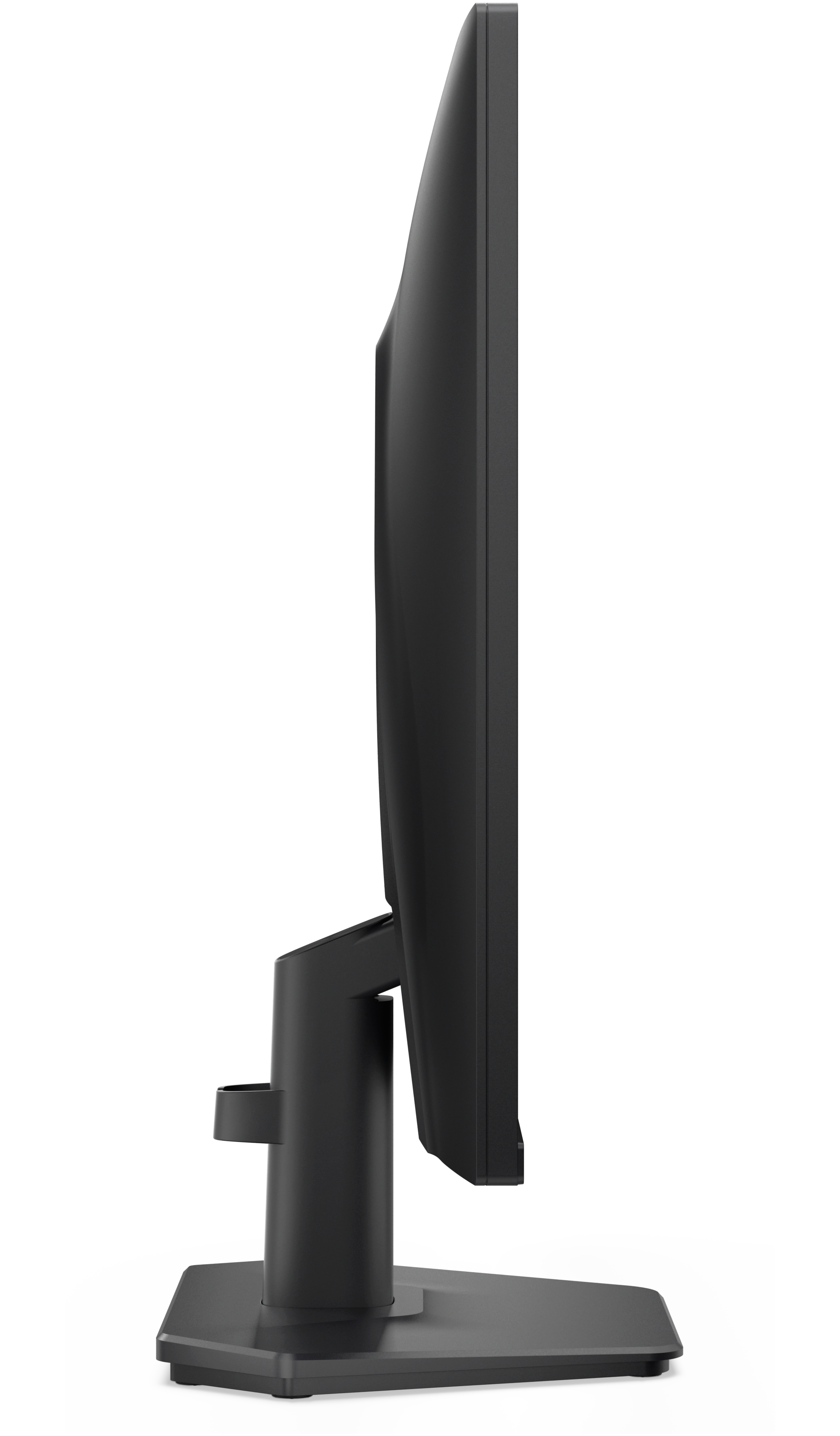 Schwarzer Computermonitor von der Seite auf schwarzem Hintergrund.