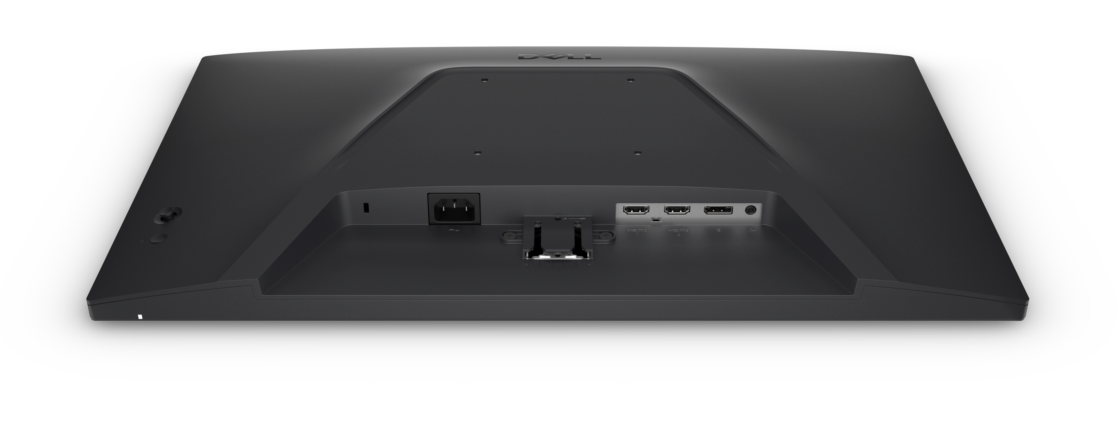 Rückseite eines schwarzen Dell-Monitors mit Anschlüssen: Strom, 2x HDMI, Audio.