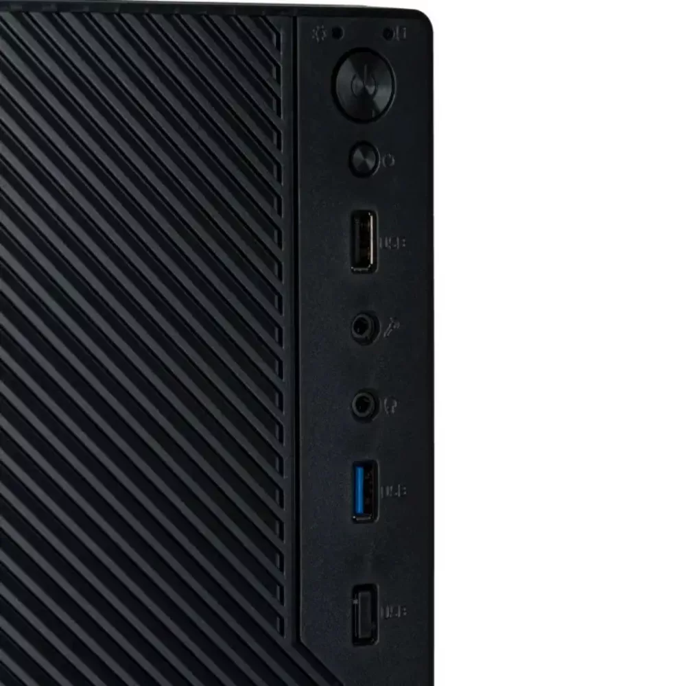 Fekete PC ház portokkal: bekapcsológomb, USB, audio csatlakozók, kék USB 3.0.