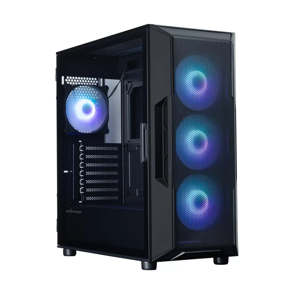 Fekete PC ház, elöl és bal oldalon világító ventilátorokkal.