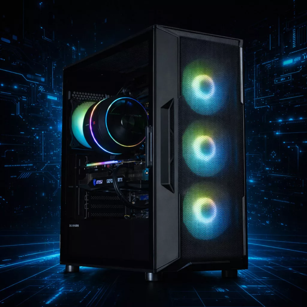 Fekete PC torony RGB ventilátorokkal és látható komponensekkel kék háttéren.