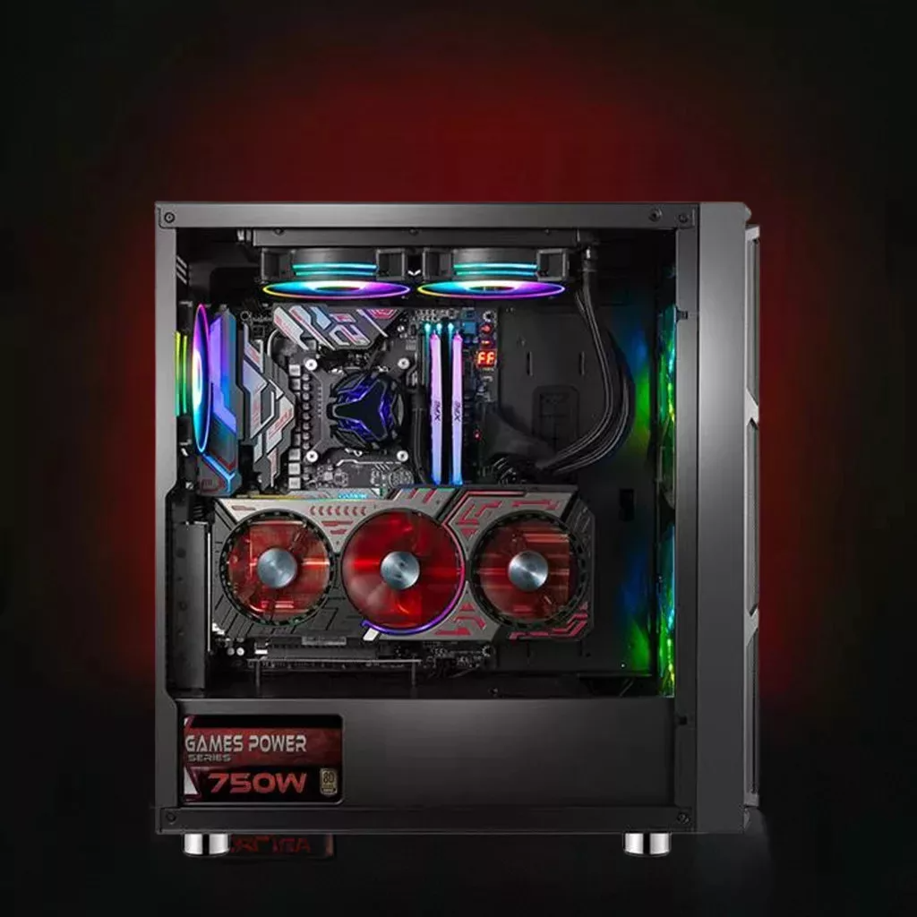 Egy nyitott gamer PC RGB ventilátorokkal, grafikus kártyával és alaplappal.