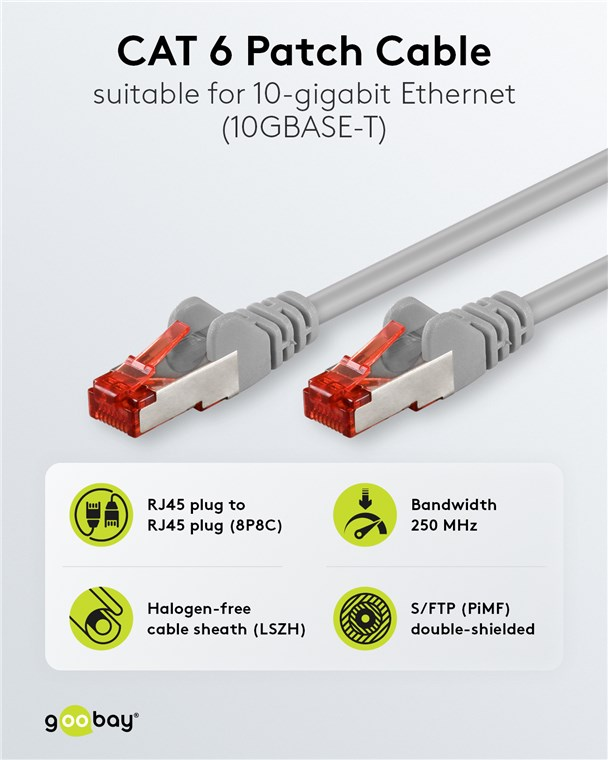 Graues CAT 6 Patchkabel mit roten RJ45-Steckern, für 10 GbE.