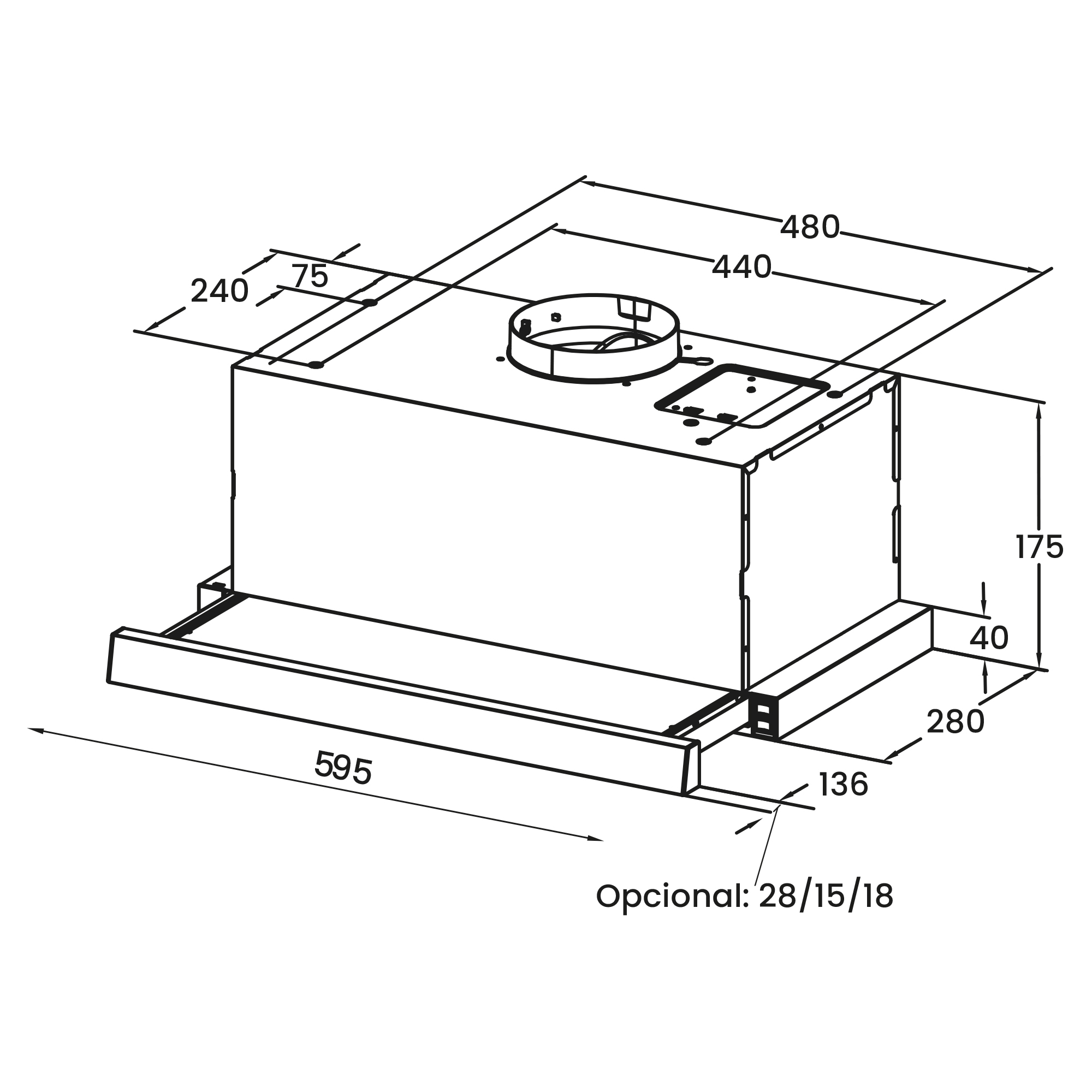 Dibujo técnico de una campana extractora con dimensiones.