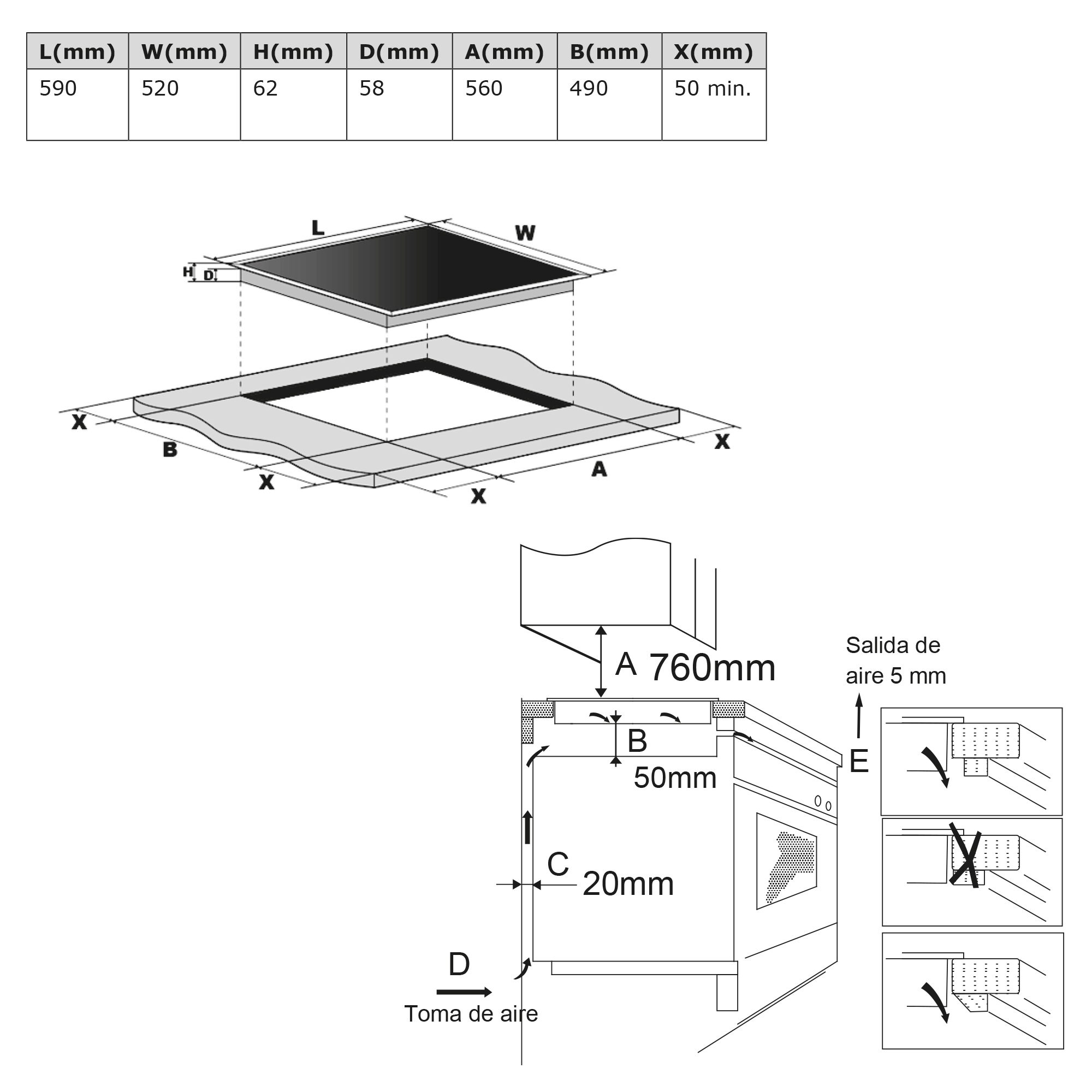 Dibujo técnico con dimensiones y detalles de instalación para una placa de cocina.