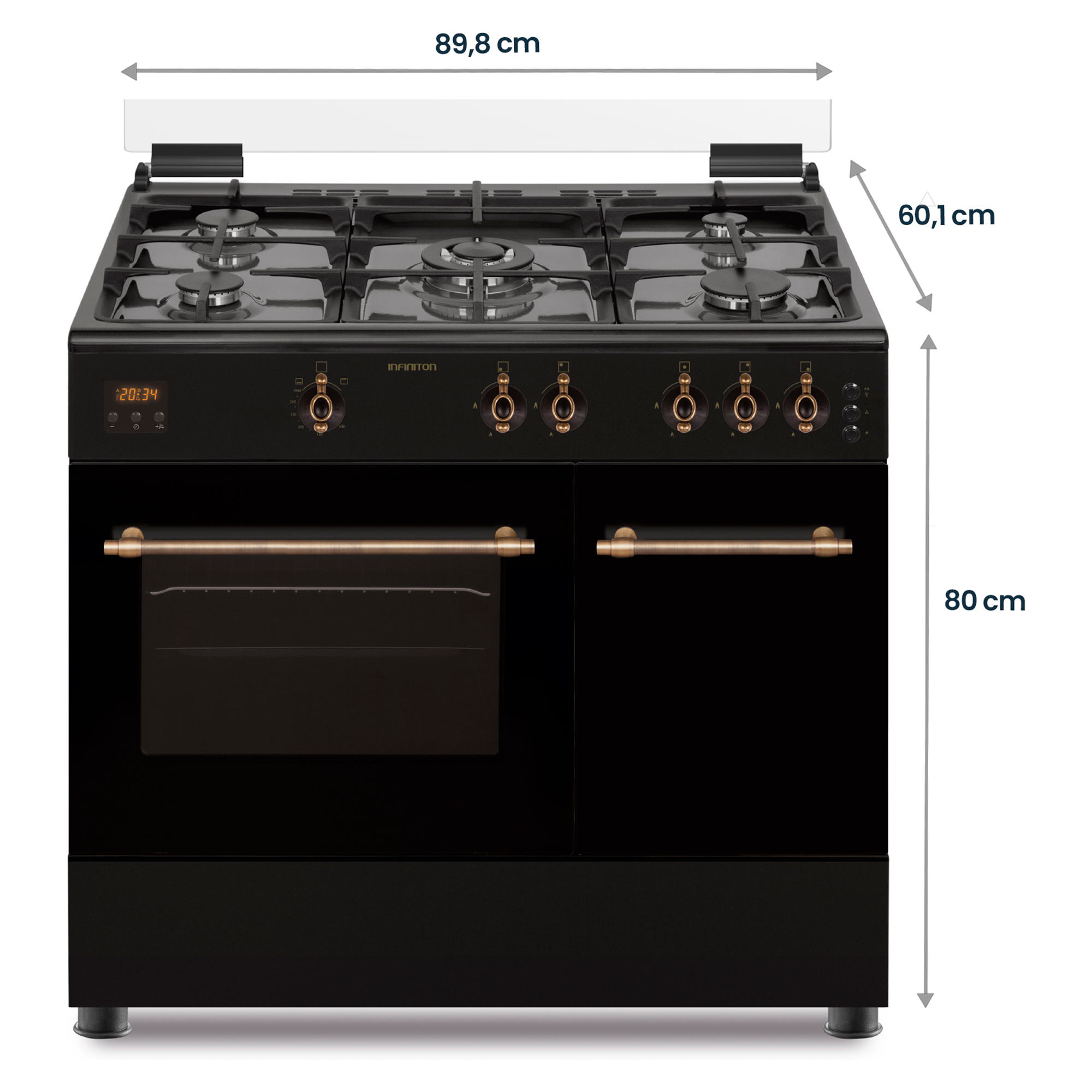 Cocina de gas negra de 5 quemadores con pantalla digital y medidas.
