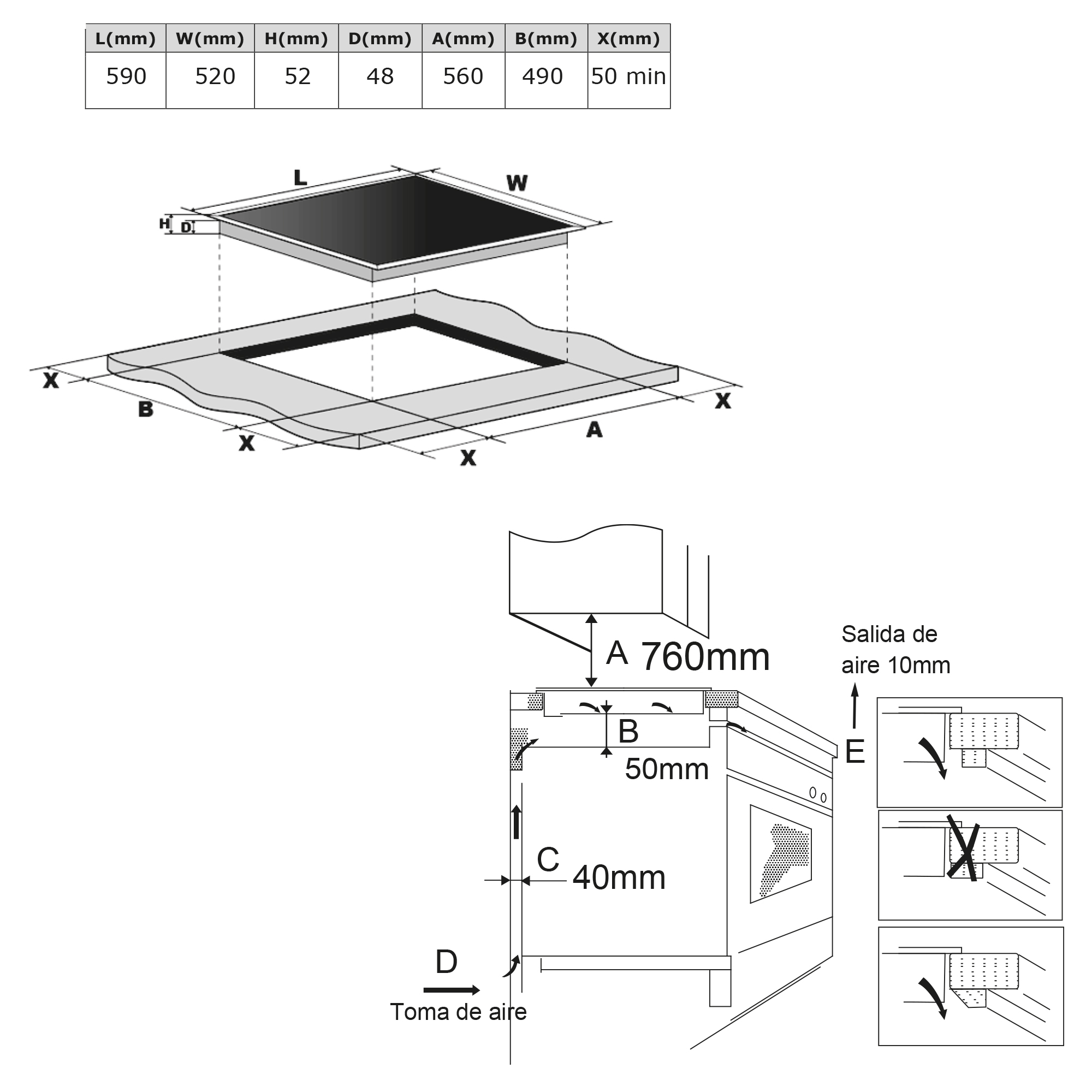 Dibujo técnico de una placa de cocina con dimensiones e instrucciones de instalación.