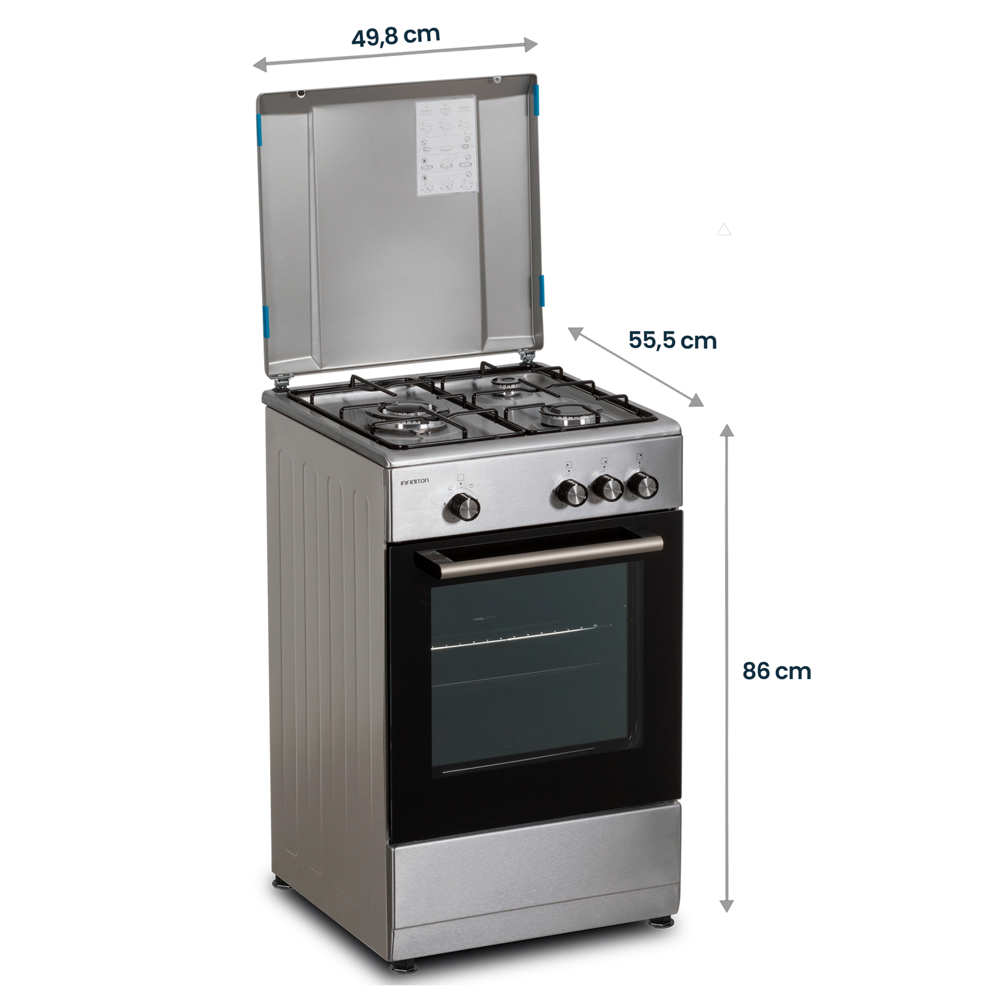 Cocina de gas plateada con tapa abierta, se muestran dimensiones.