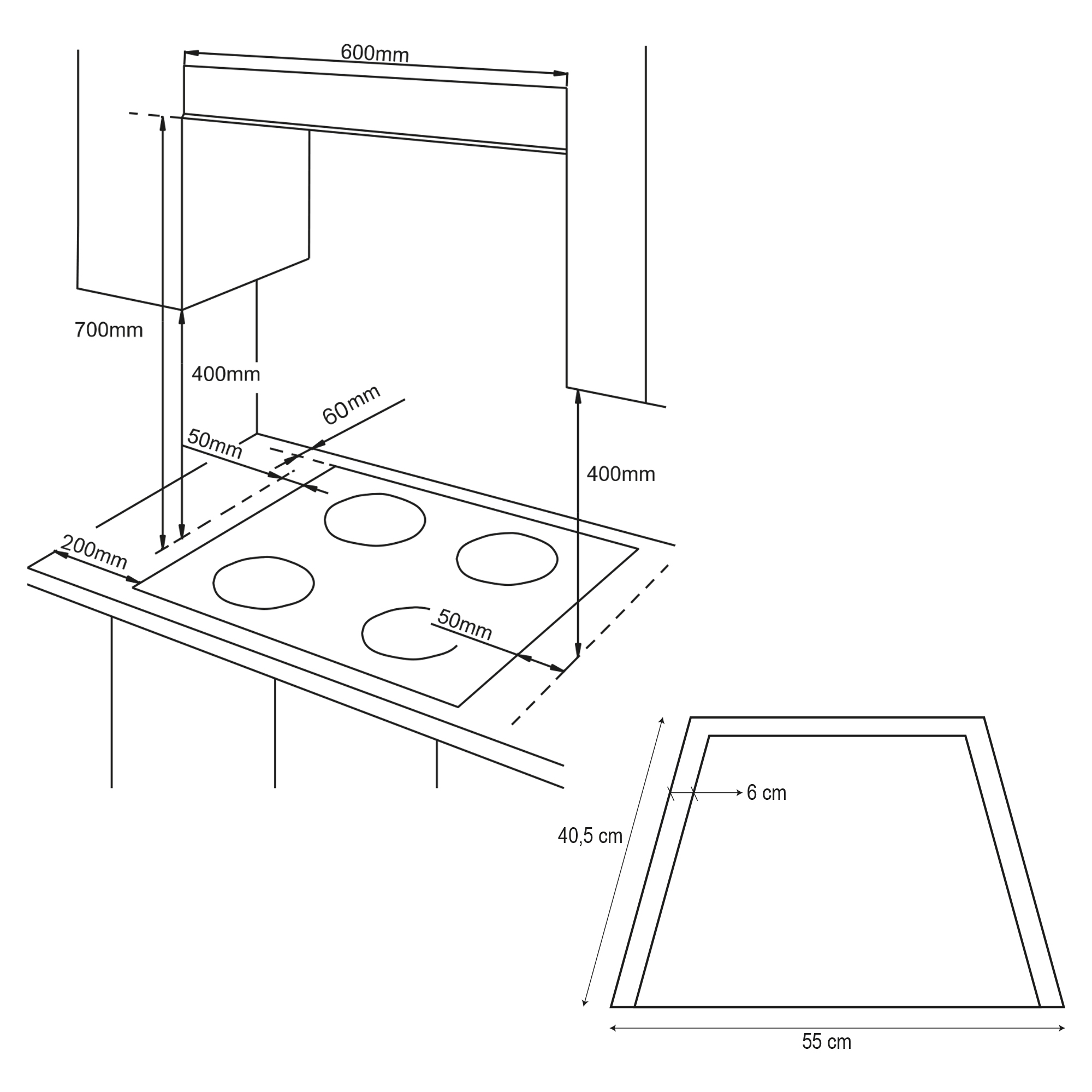 Dibujo técnico de una placa de cocina con dimensiones.