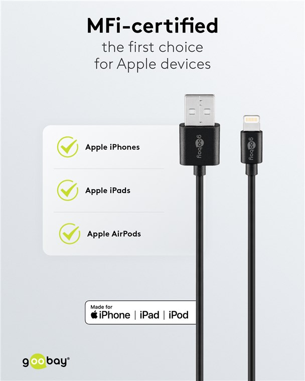 MFi-zertifiziertes Goobay Ladekabel für Apple-Geräte mit USB-A und Lightning-Anschluss.