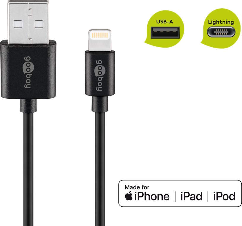Ein schwarzes goobay Ladekabel mit USB-A und Lightning-Anschluss.