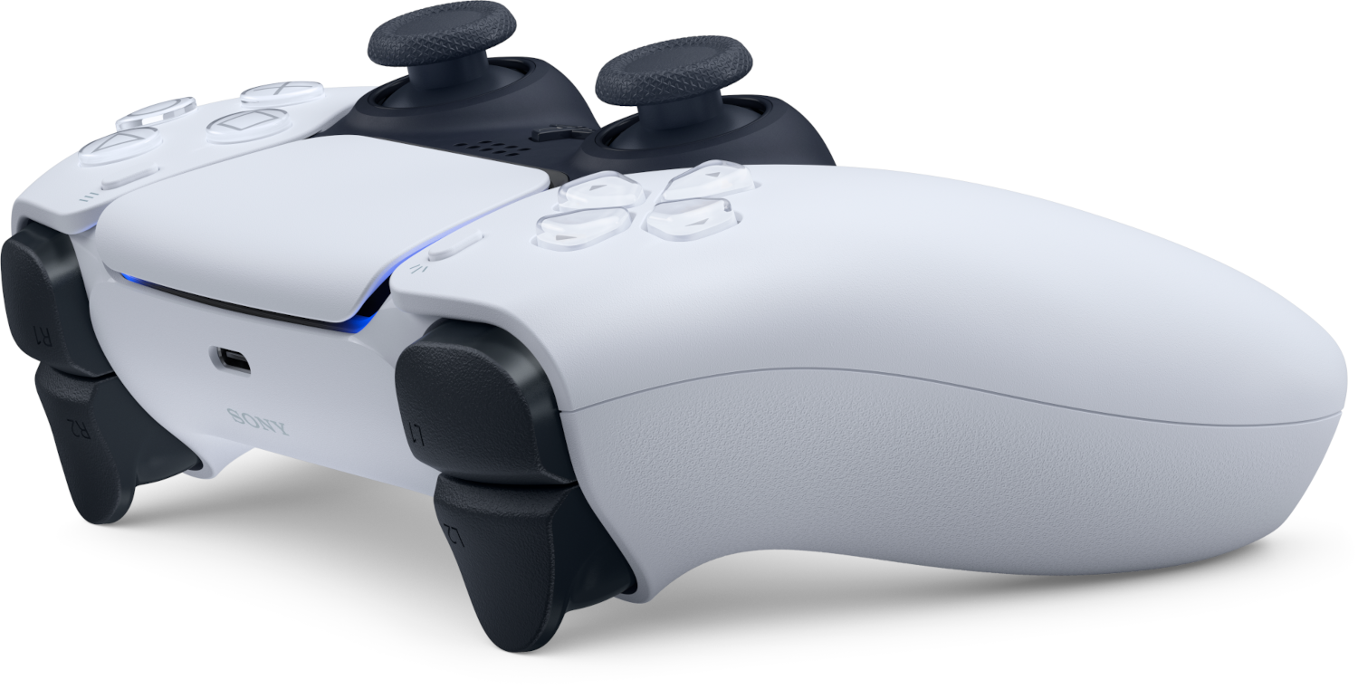 Egy fehér PlayStation 5 kontroller fekete joystickokkal és kék díszítésekkel.