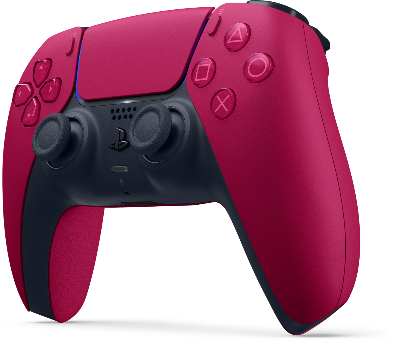 Piros és sötétszürke PlayStation 5 kontroller kék díszítéssel.