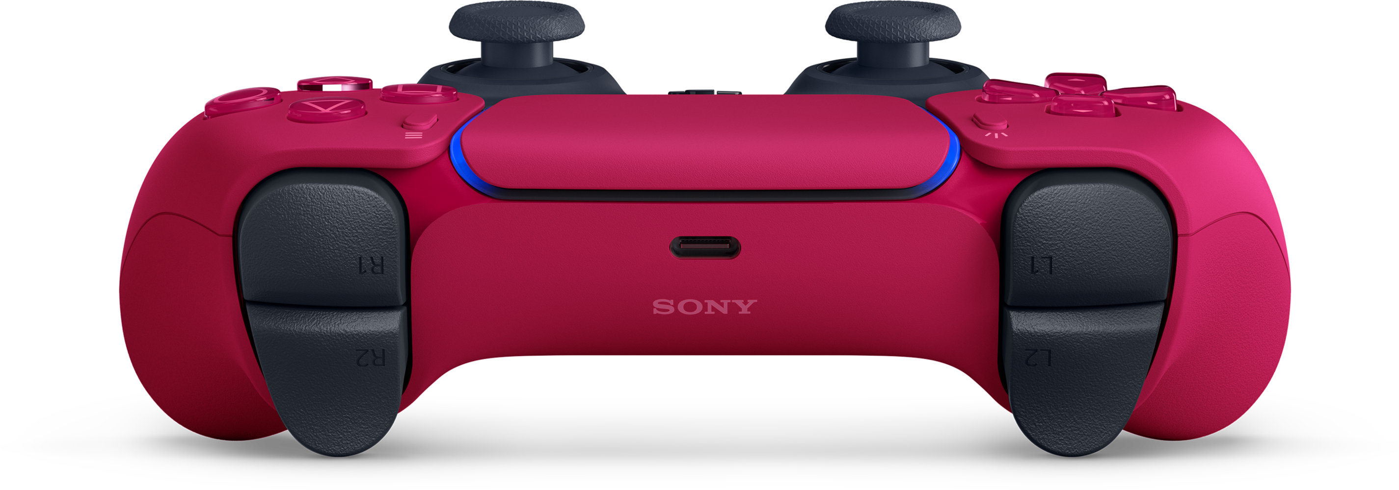 Egy piros PlayStation 5 kontroller fekete díszítéssel és kék világítással.