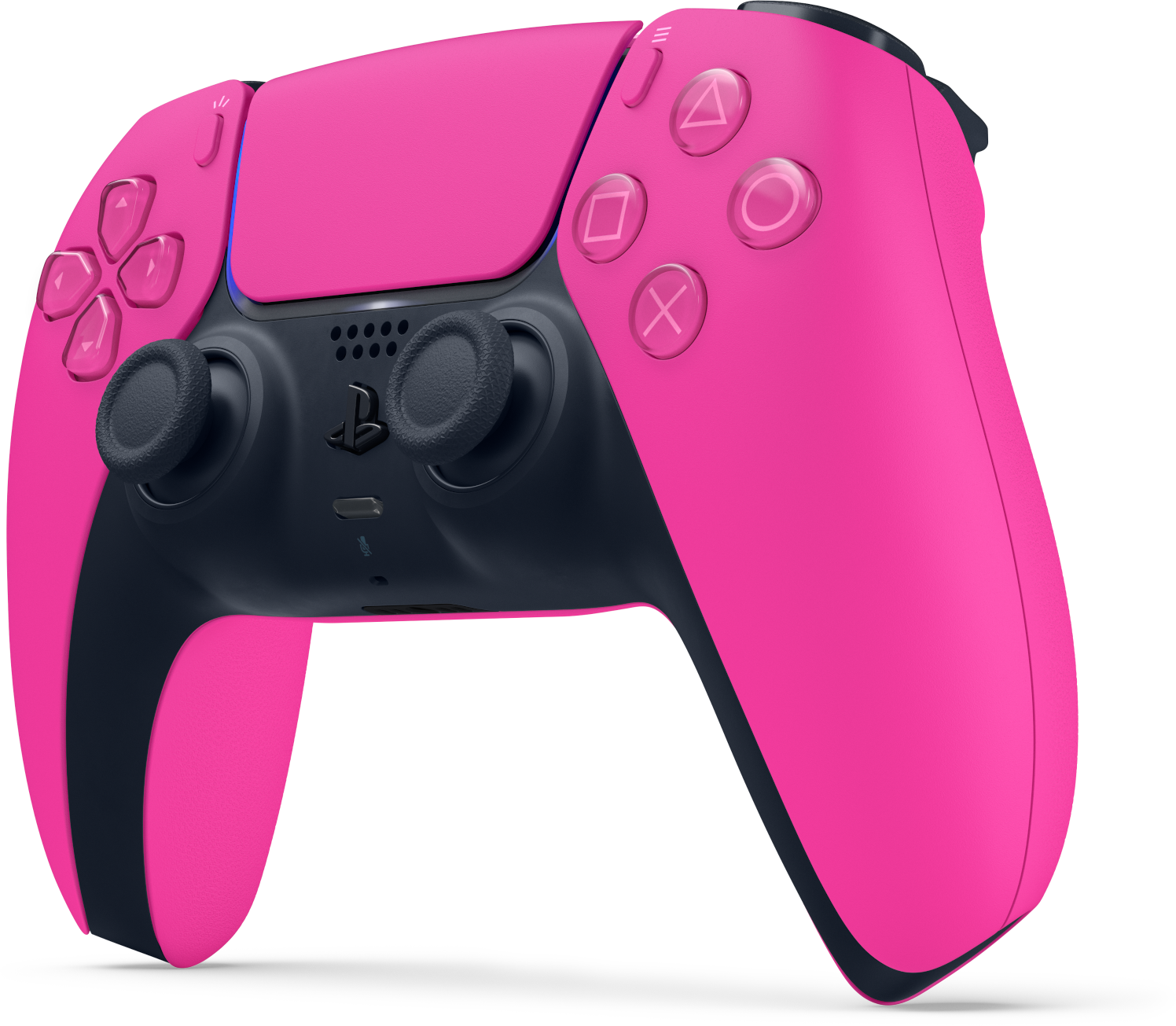 Egy rózsaszín és sötétkék gamer kontroller két joystickkal.