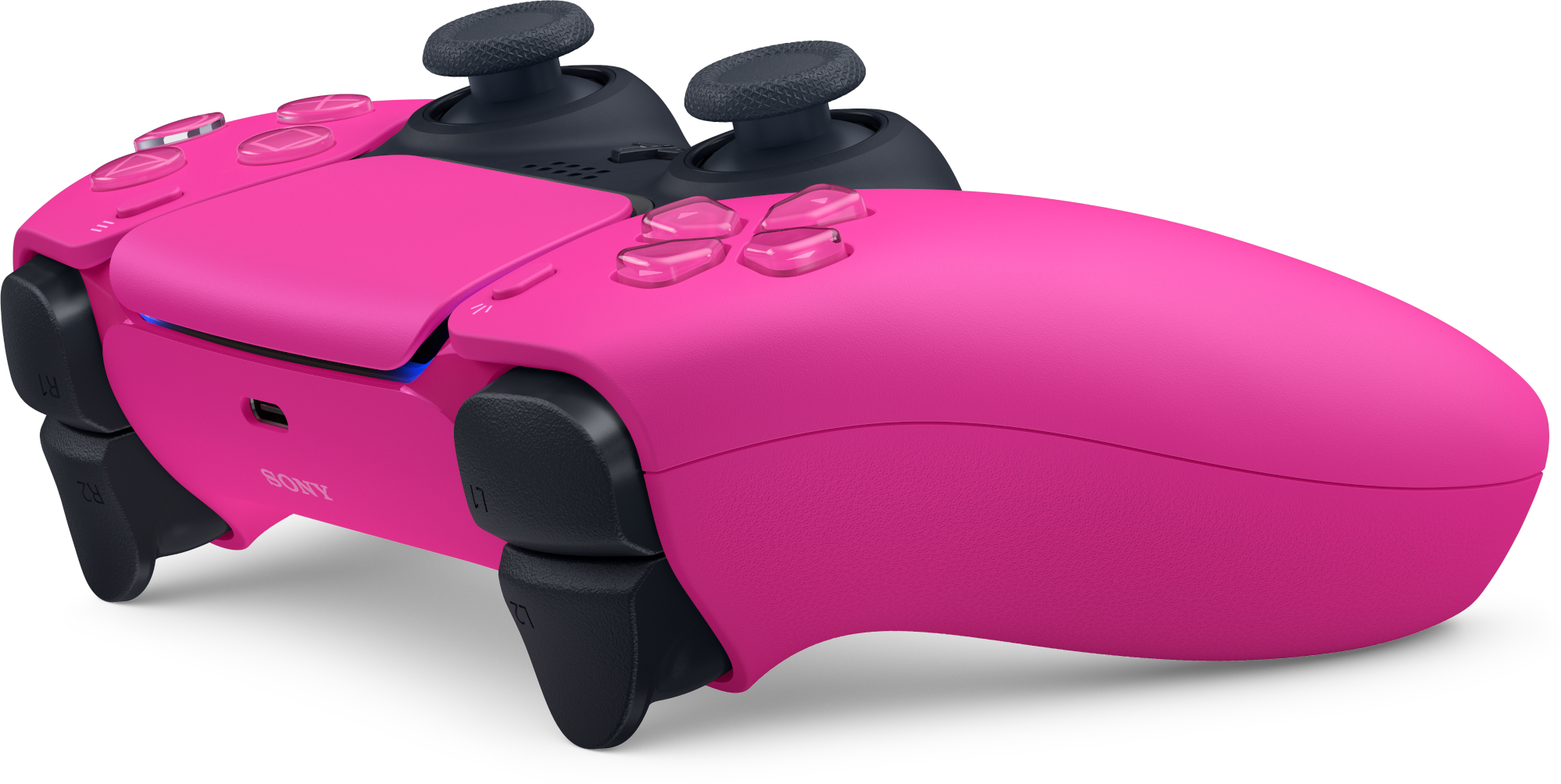 Egy rózsaszín Sony PlayStation kontroller fekete joystickokkal és gombokkal, fekete háttéren.