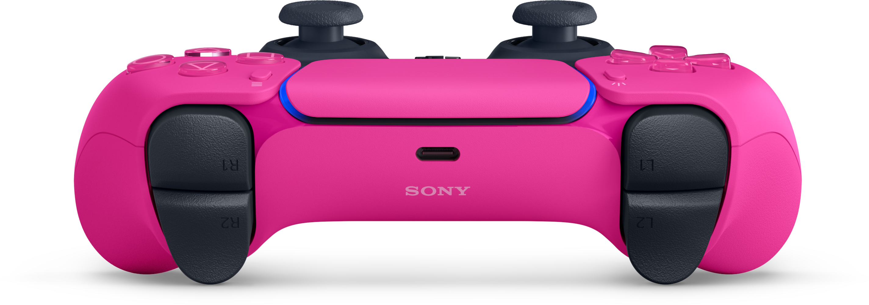 Egy rózsaszín PlayStation 5 kontroller fekete gombokkal és joystickokkal.