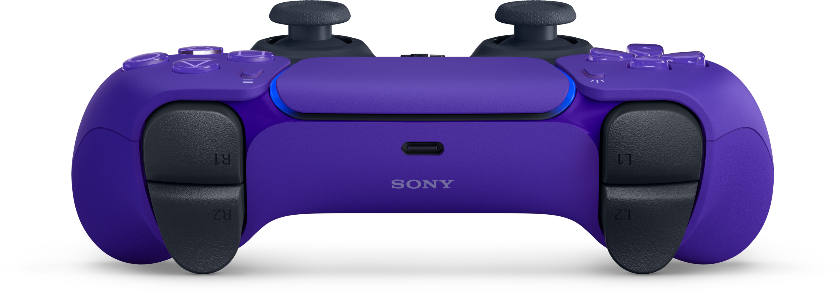 Lila PS5 kontroller sötét gombokkal és Sony logóval.