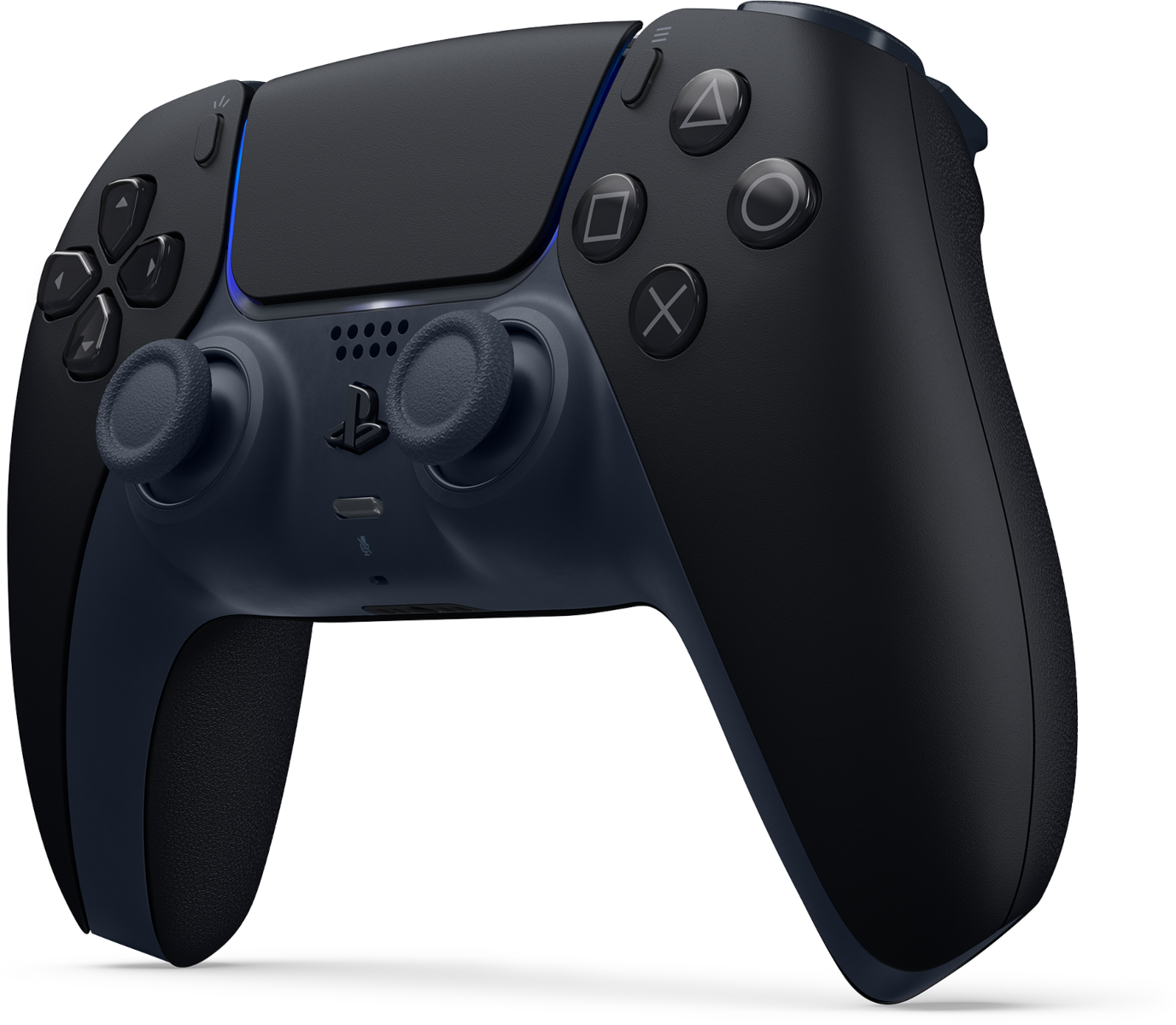 Fekete PlayStation 5 kontroller kék díszítéssel és gombokkal.