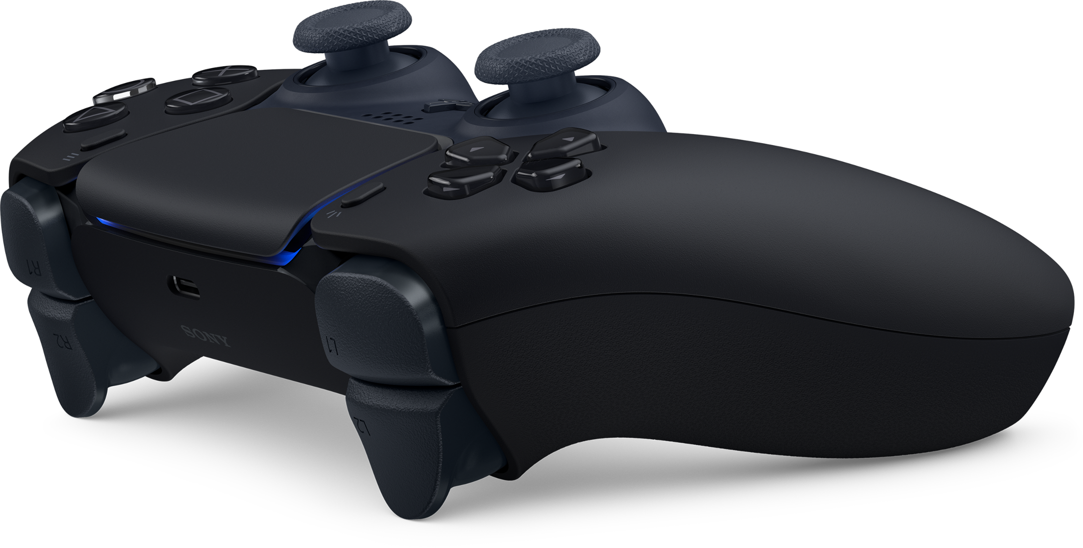 Fekete Sony kontroller kék világító díszítéssel és két joystickkal.