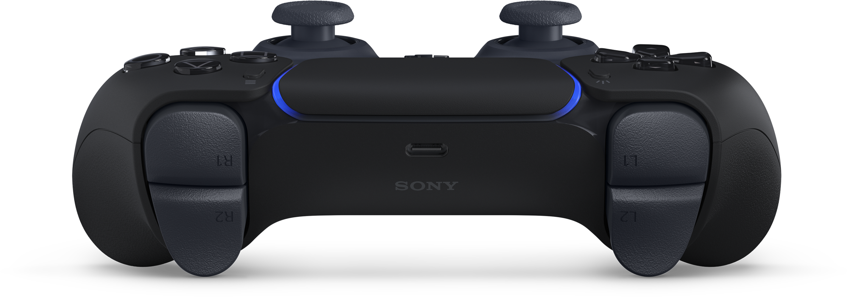 Fekete PlayStation 5 kontroller kék világítással és Sony logóval.