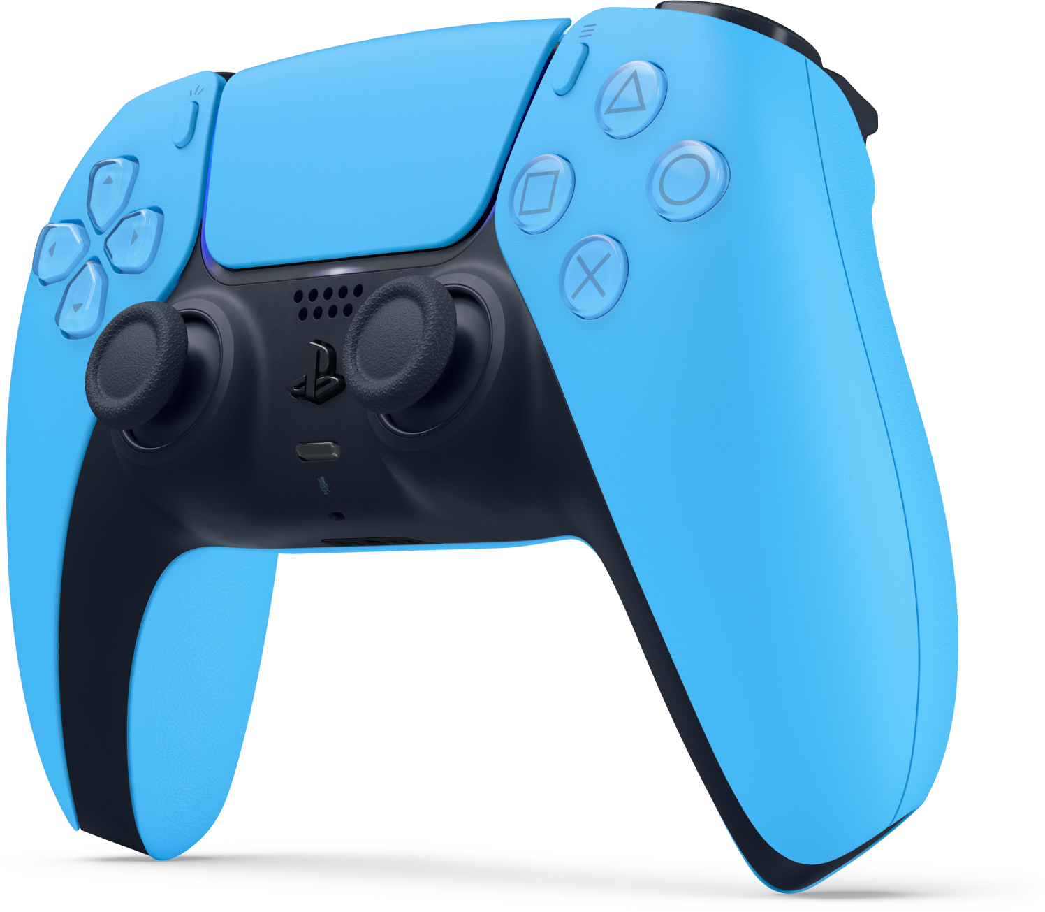 Kék és fekete játékkontroller két joystickkel és gombokkal.