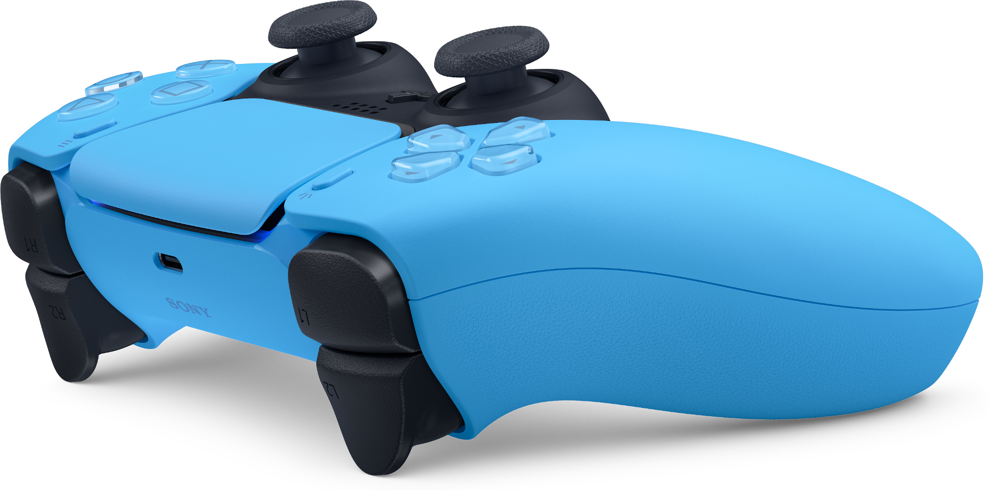 Kék PlayStation 5 kontroller fekete joystickokkal és gombokkal.