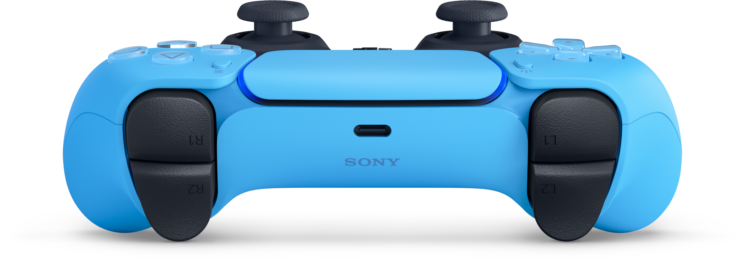 Egy kék PlayStation 5 kontroller fekete markolatokkal és gombokkal.