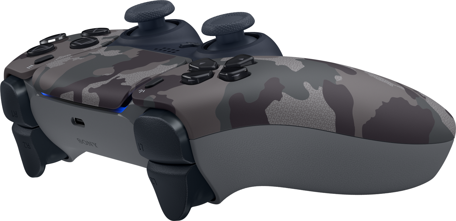 Szürke Sony PlayStation kontroller terepmintával és fekete gombokkal.