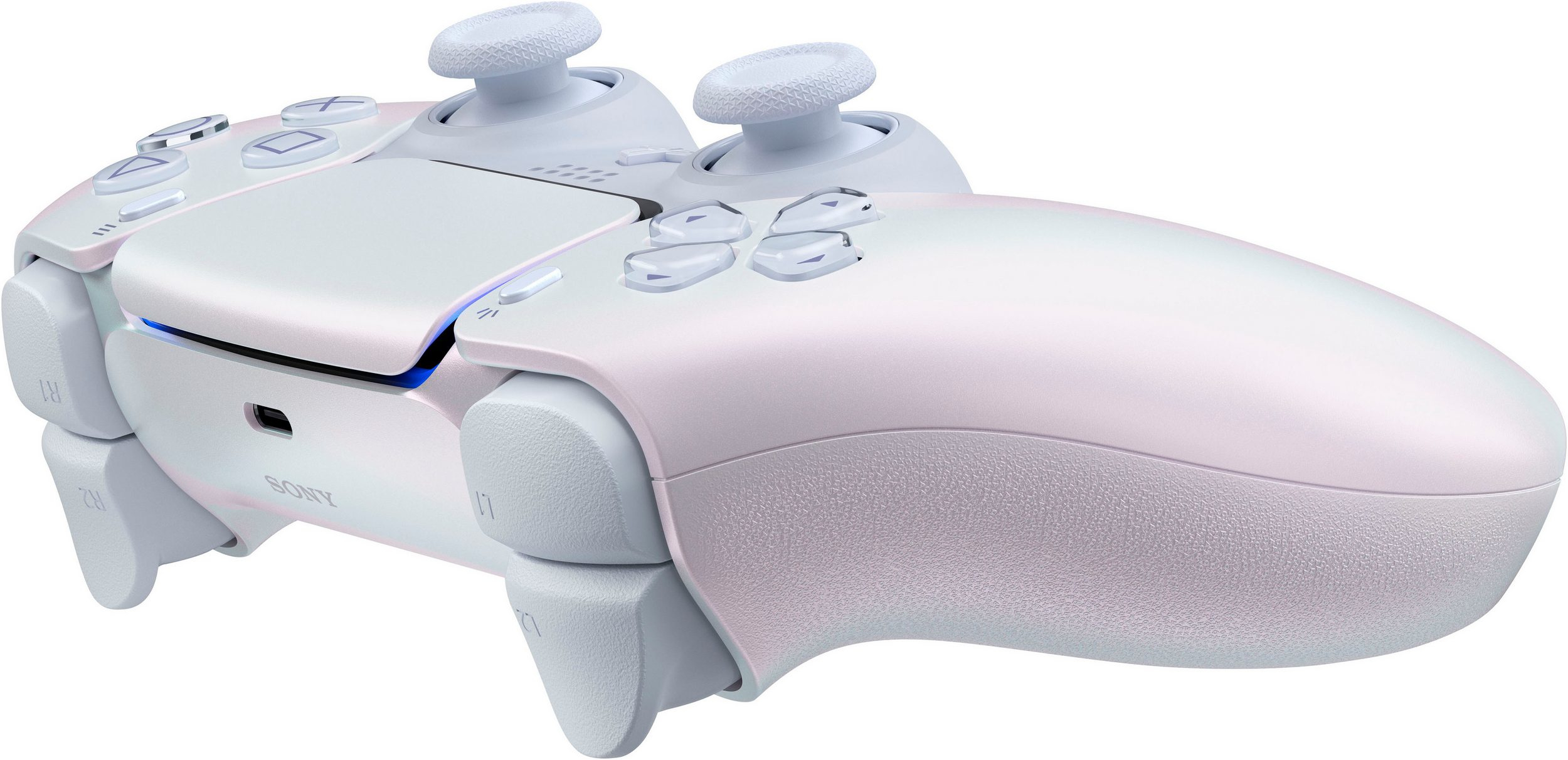 Fehér PlayStation 5 kontroller gyöngyházfényű díszítéssel.
