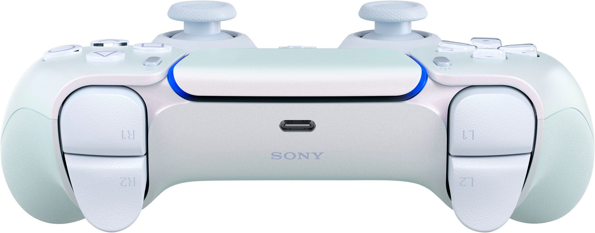 Fehér PlayStation 5 kontroller kék díszítéssel és USB-C porttal.